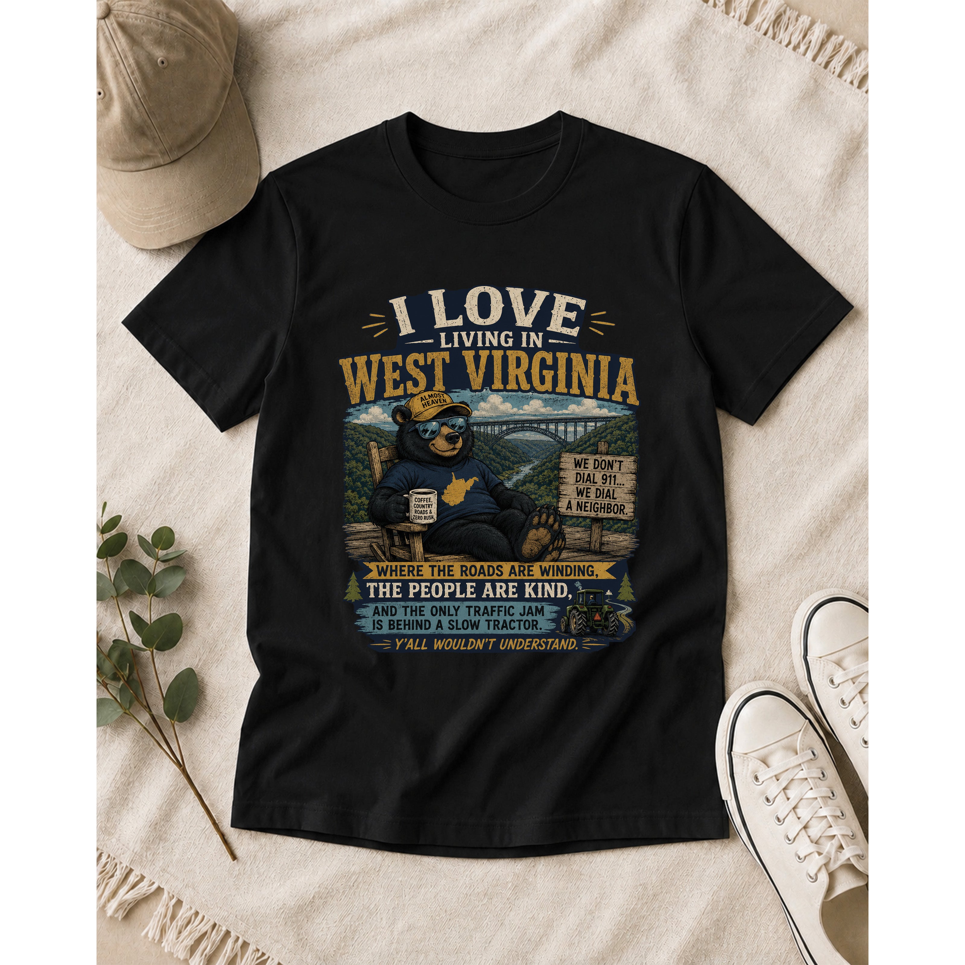 Funny West Virginia T-Shirt | I Love Living in WV Bear Shirt 1001