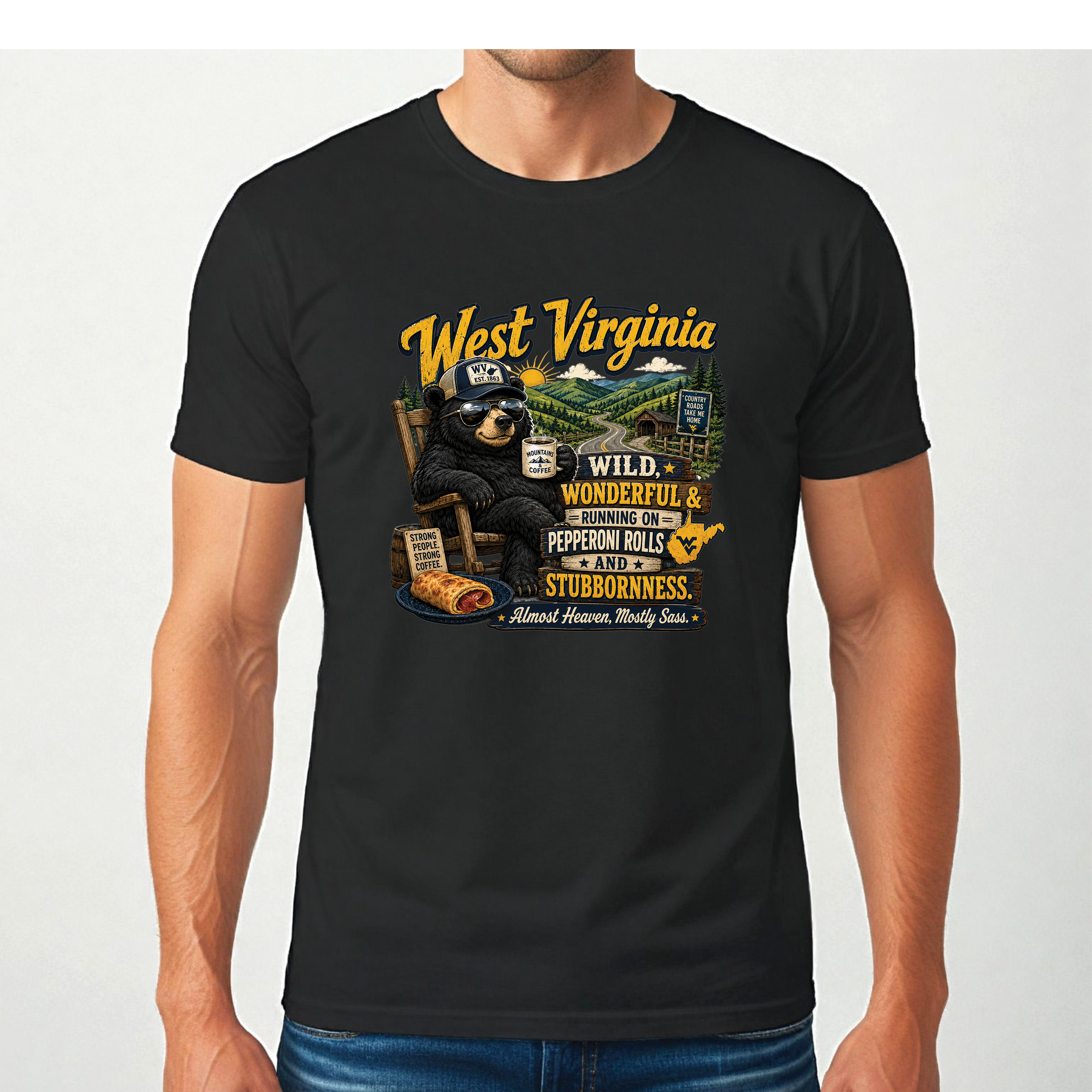 West Virginia Bear T-Shirt, Wild Wonderful Pepperoni Rolls Shirt, Funny WV Mountain Tee