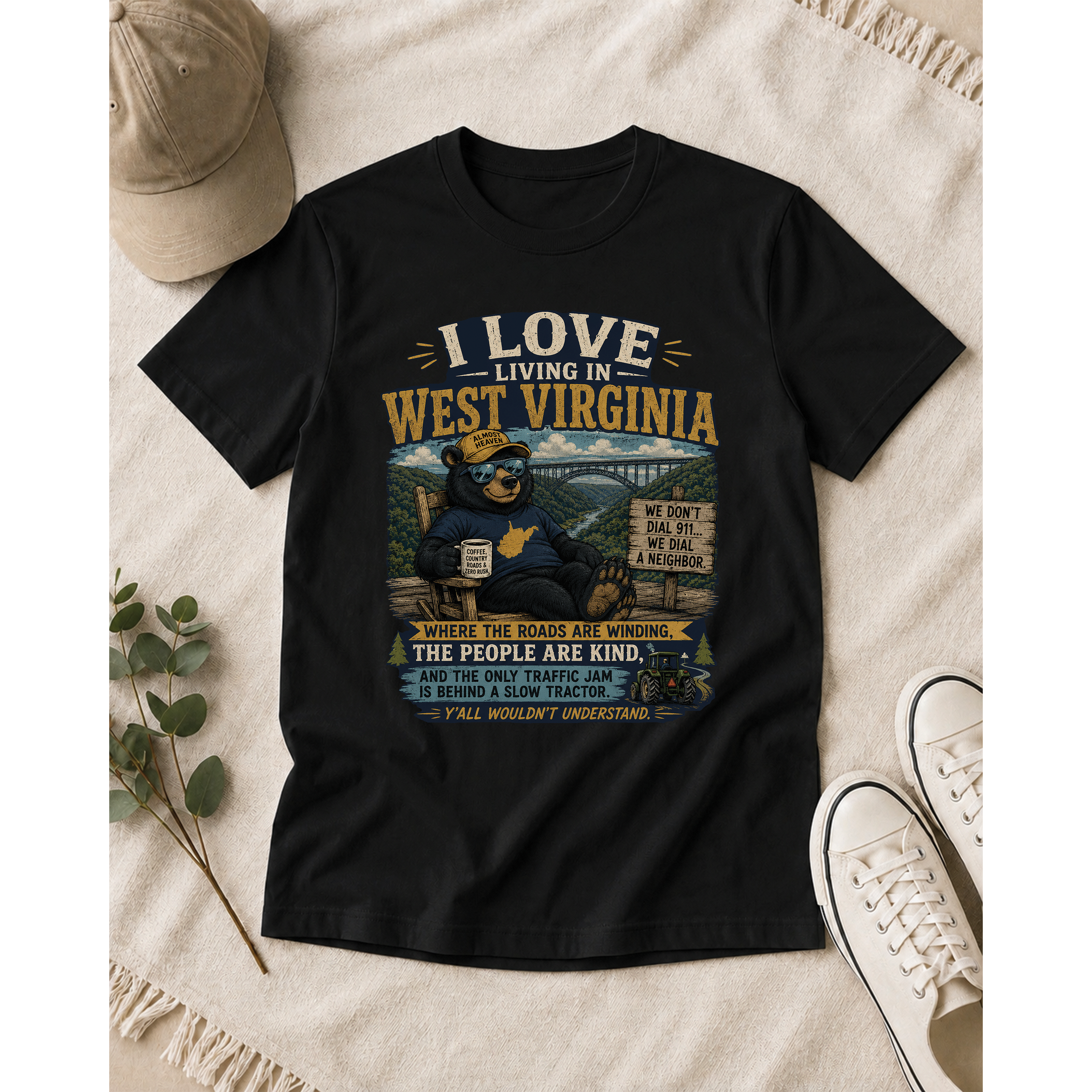 Funny West Virginia T-Shirt | I Love Living in WV Bear Shirt 1001