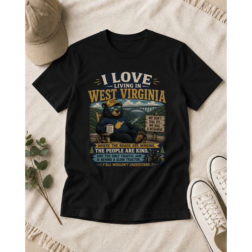 Funny West Virginia T-Shirt | I Love Living in WV Bear Shirt 1001