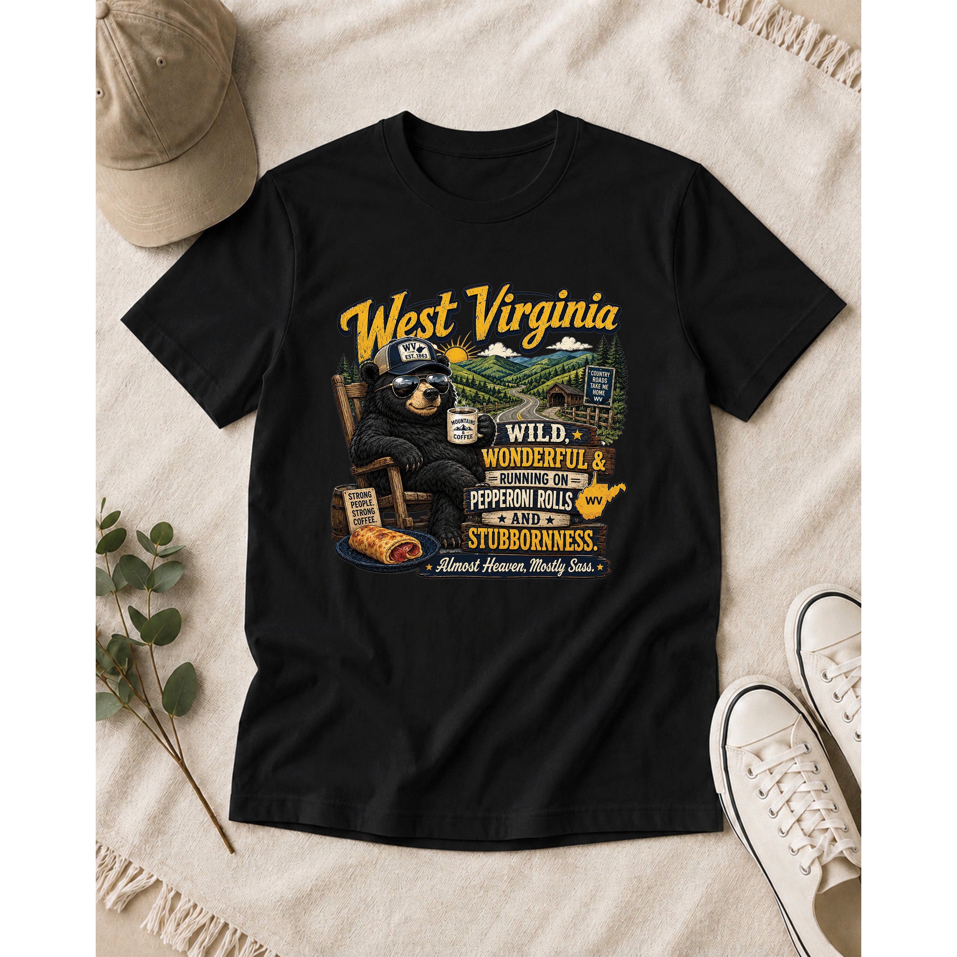 West Virginia Bear T-Shirt, Wild Wonderful Pepperoni Rolls Shirt, Funny WV Mountain Tee 1002
