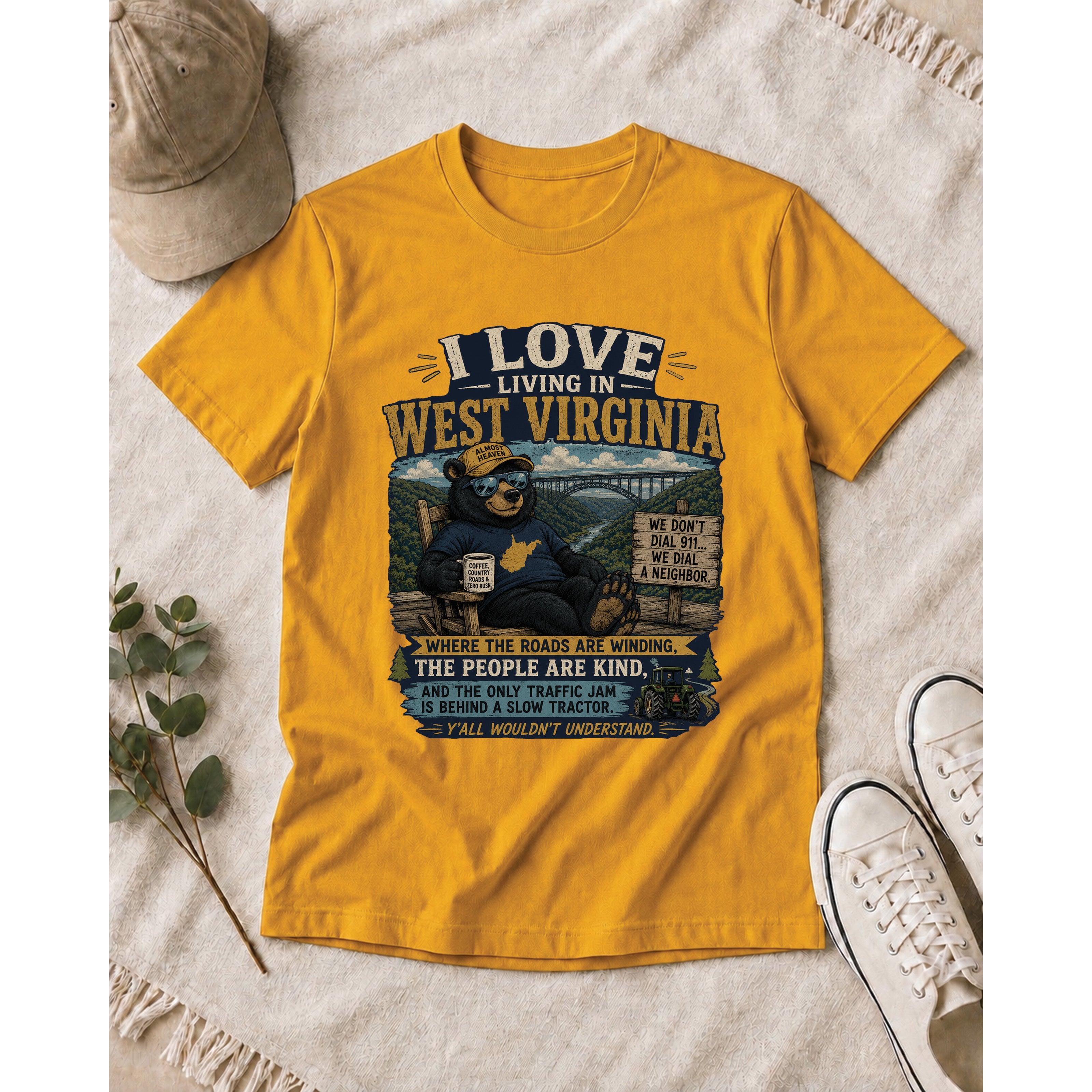 Funny West Virginia T-Shirt | I Love Living in WV Bear Shirt 1001