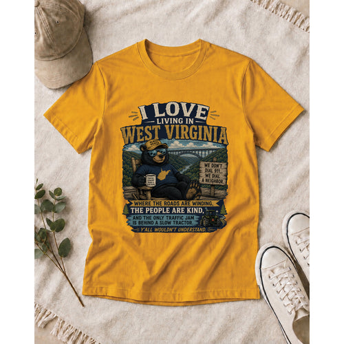 Funny West Virginia T-Shirt | I Love Living in WV Bear Shirt 1001