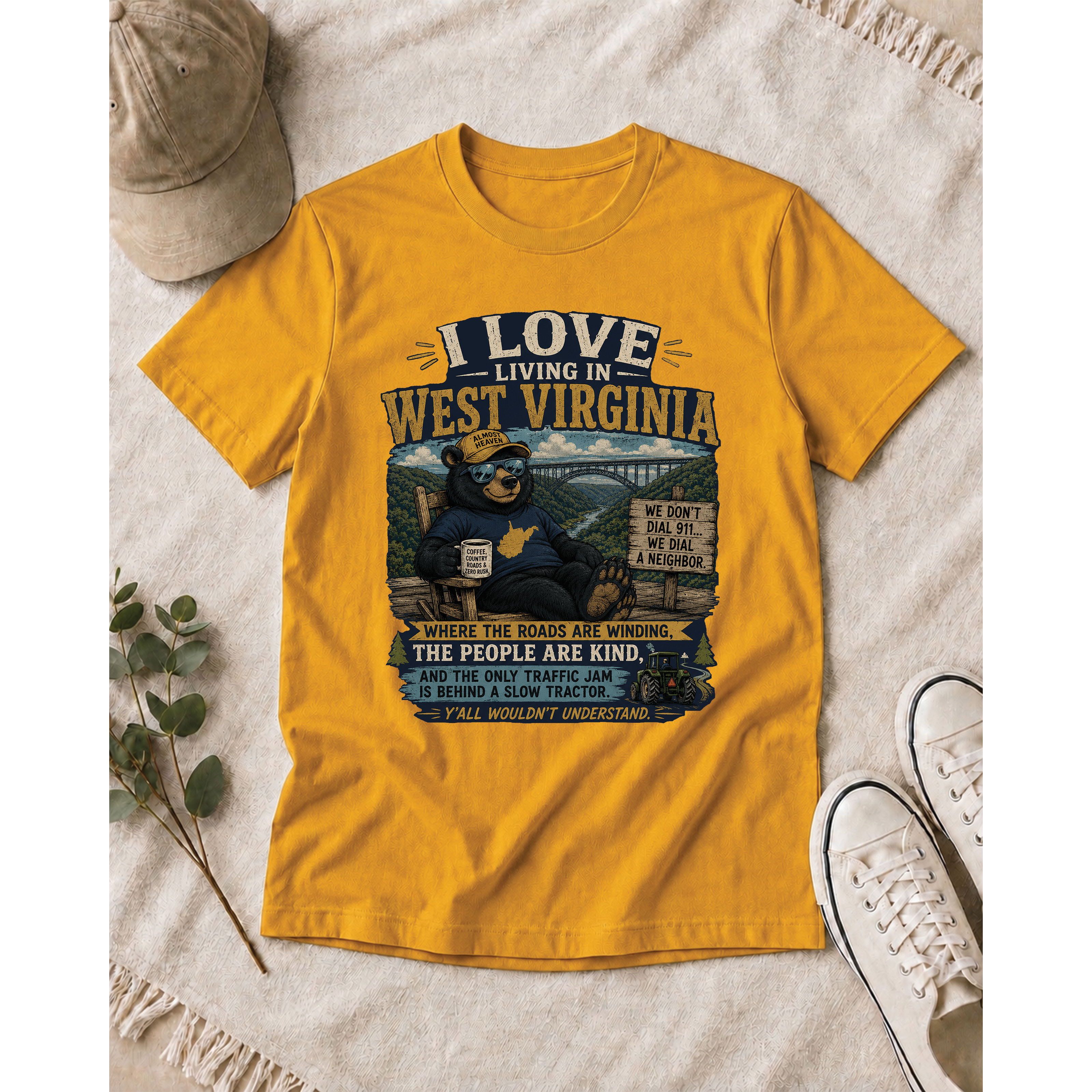 Funny West Virginia T-Shirt | I Love Living in WV Bear Shirt 1001