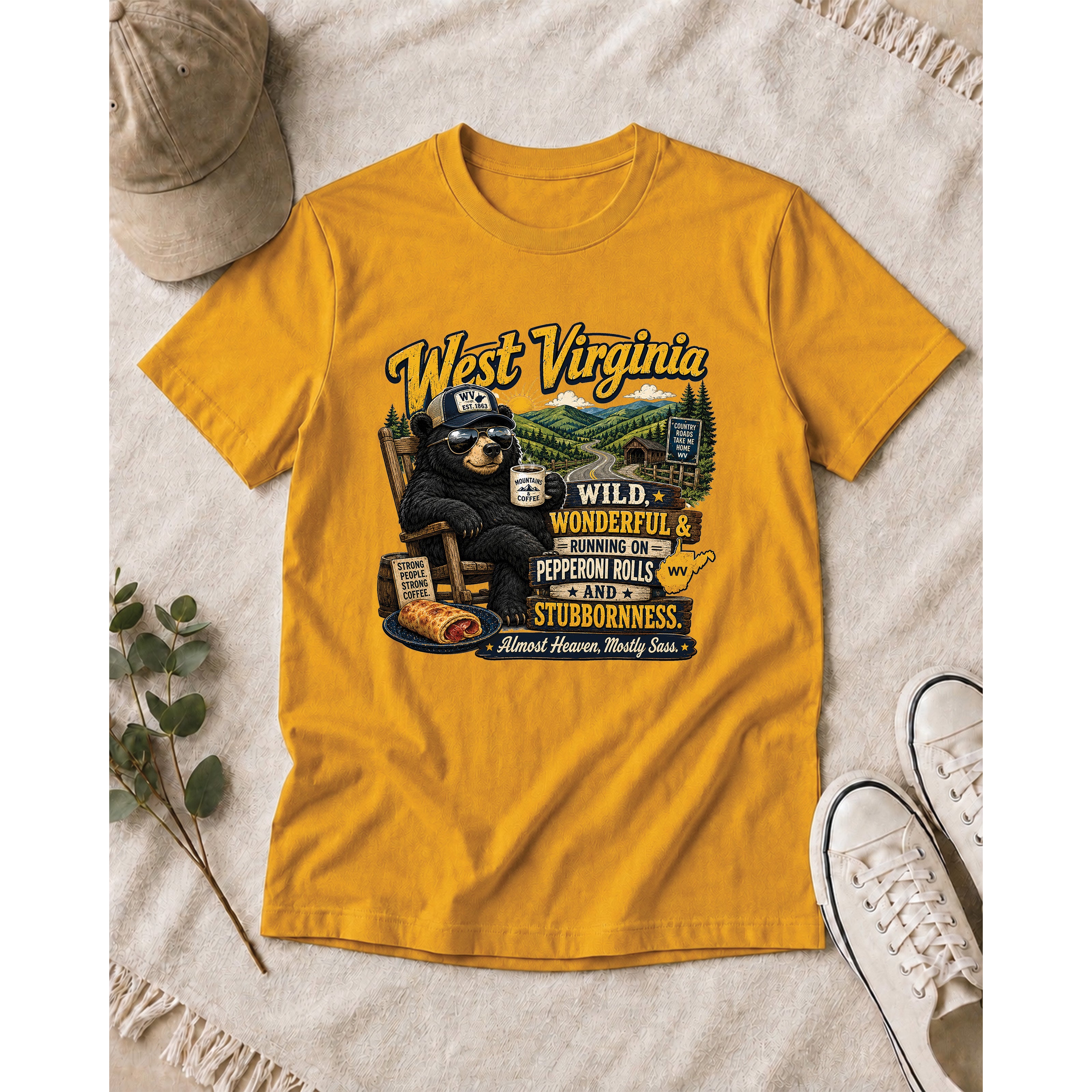 West Virginia Bear T-Shirt, Wild Wonderful Pepperoni Rolls Shirt, Funny WV Mountain Tee 1002