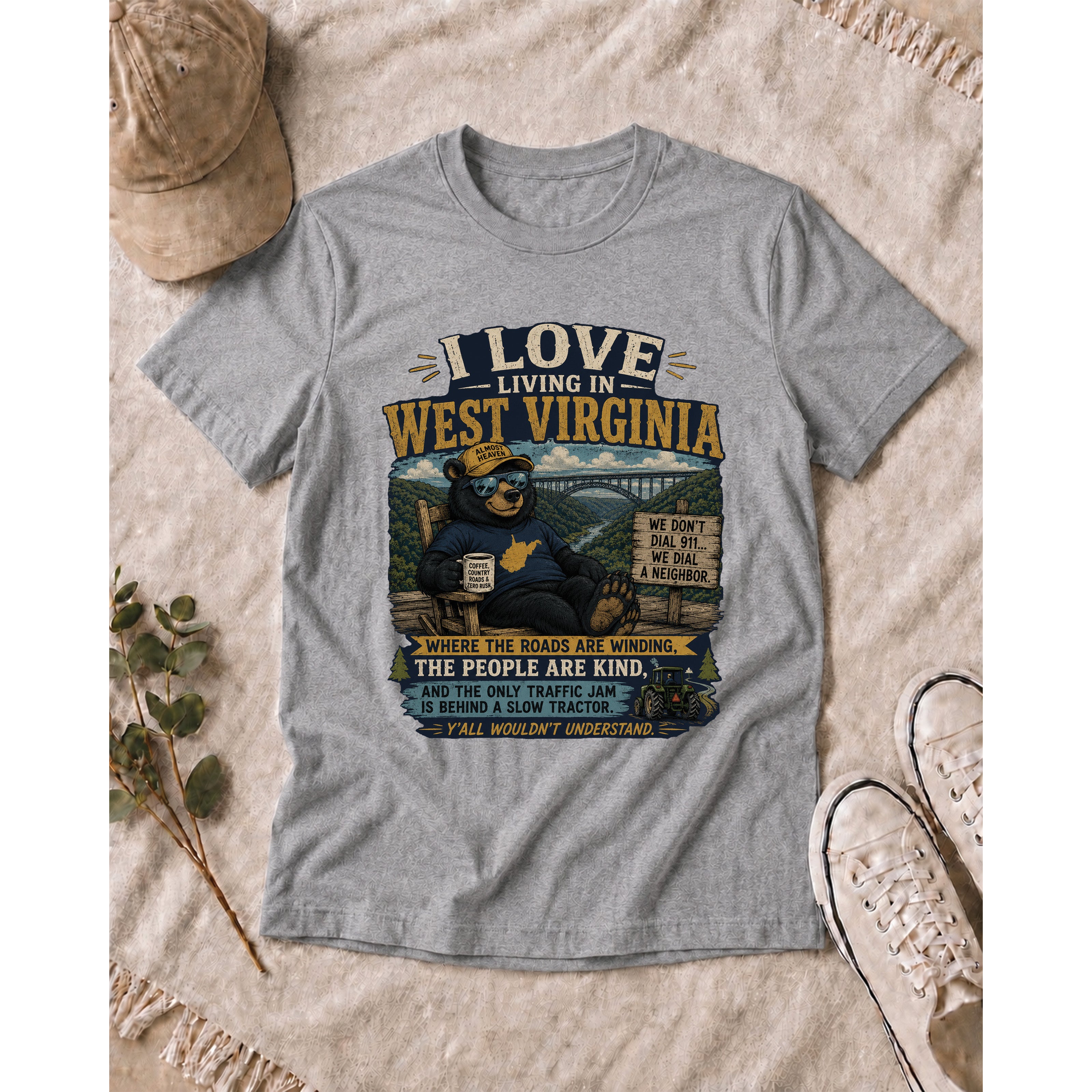 Funny West Virginia T-Shirt | I Love Living in WV Bear Shirt 1001