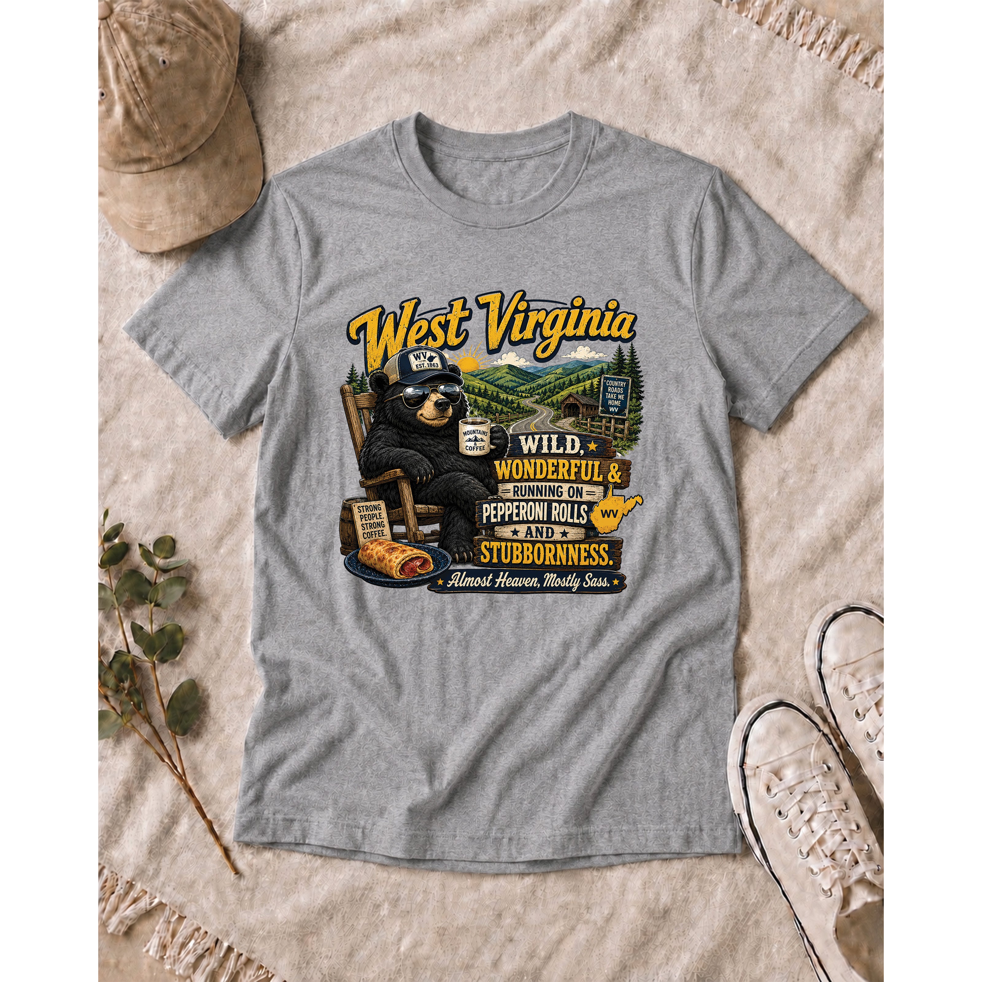 West Virginia Bear T-Shirt, Wild Wonderful Pepperoni Rolls Shirt, Funny WV Mountain Tee 1002