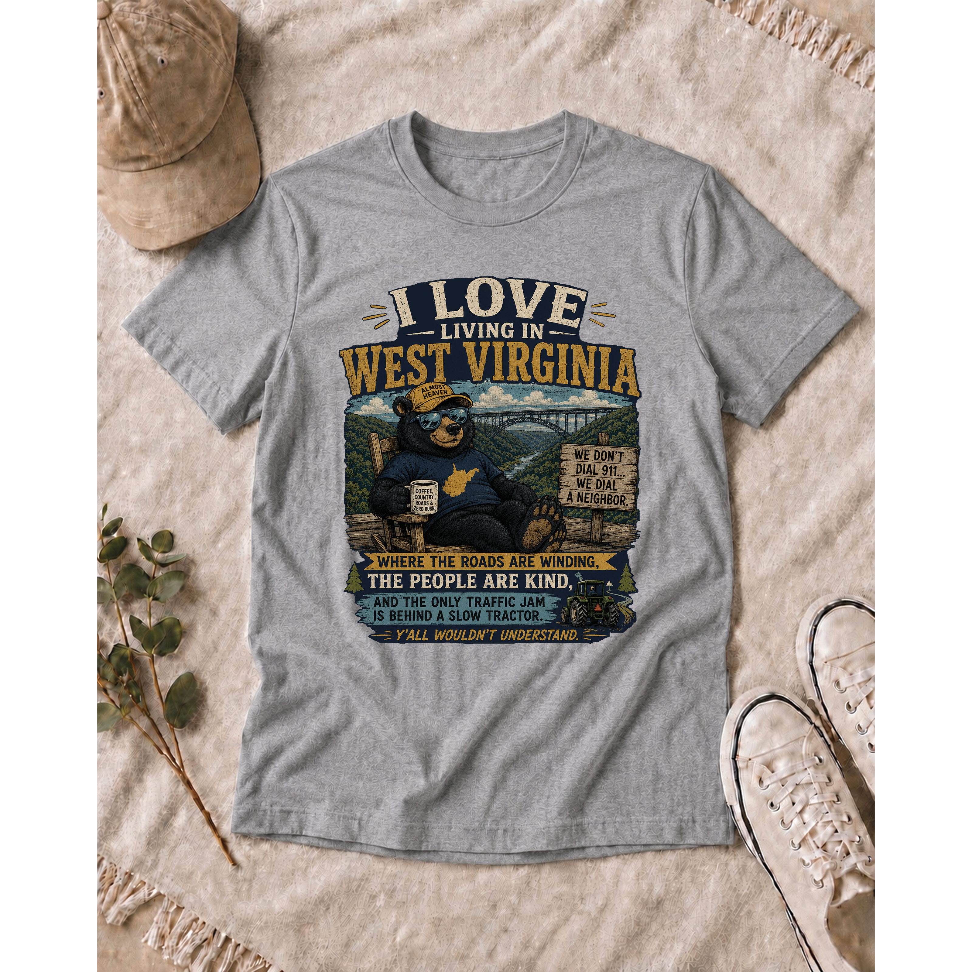 Funny West Virginia T-Shirt | I Love Living in WV Bear Shirt 1001