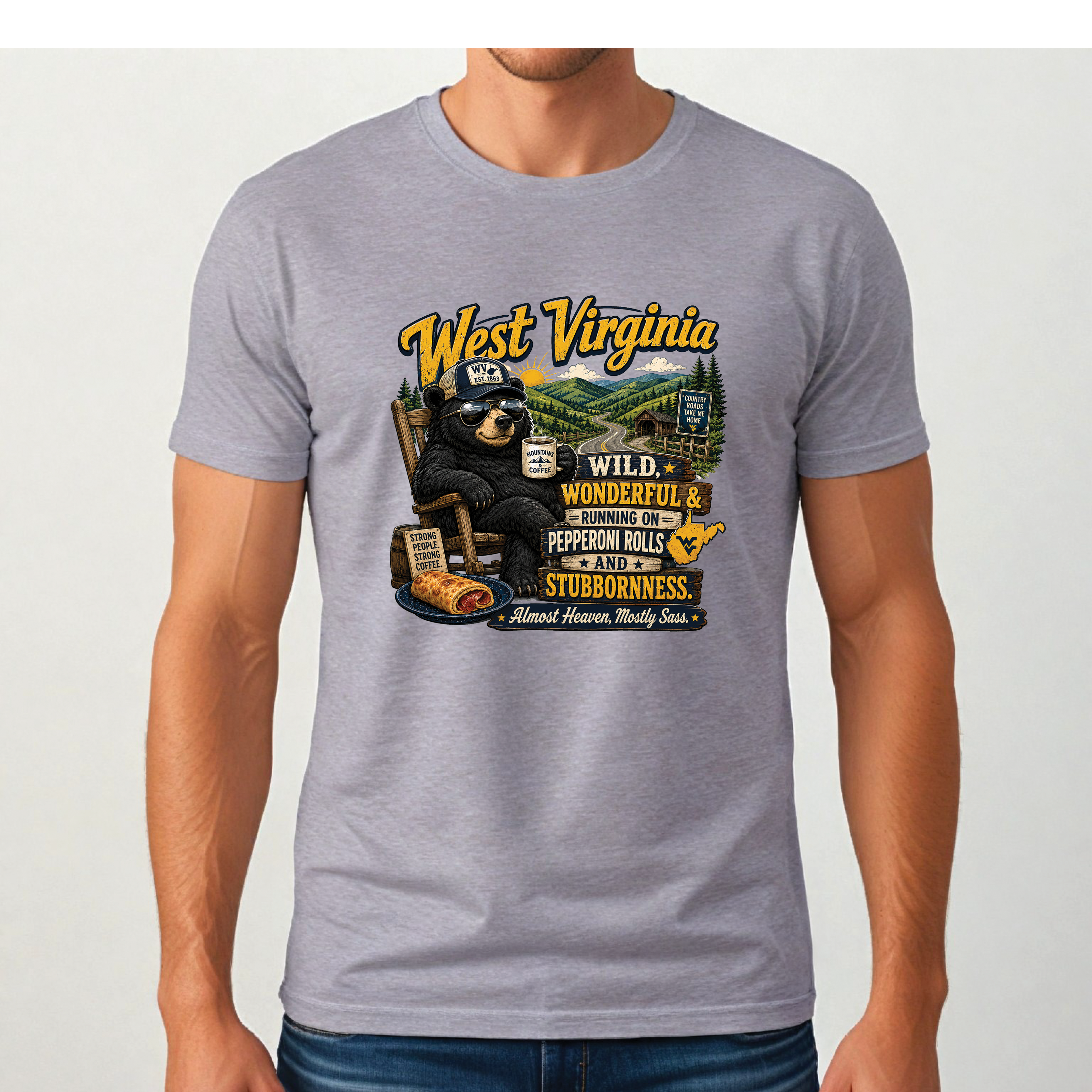 West Virginia Bear T-Shirt, Wild Wonderful Pepperoni Rolls Shirt, Funny WV Mountain Tee