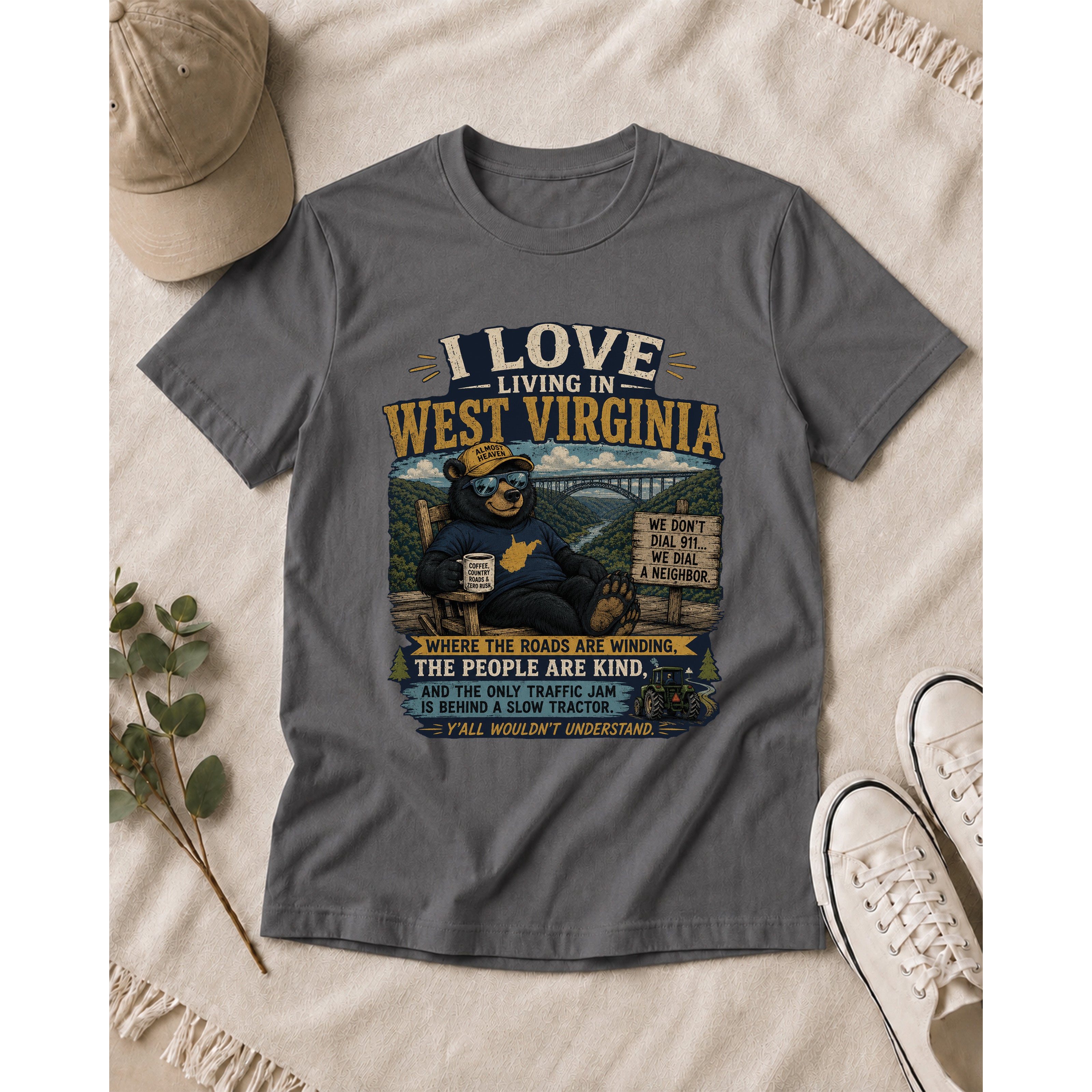 Funny West Virginia T-Shirt | I Love Living in WV Bear Shirt 1001