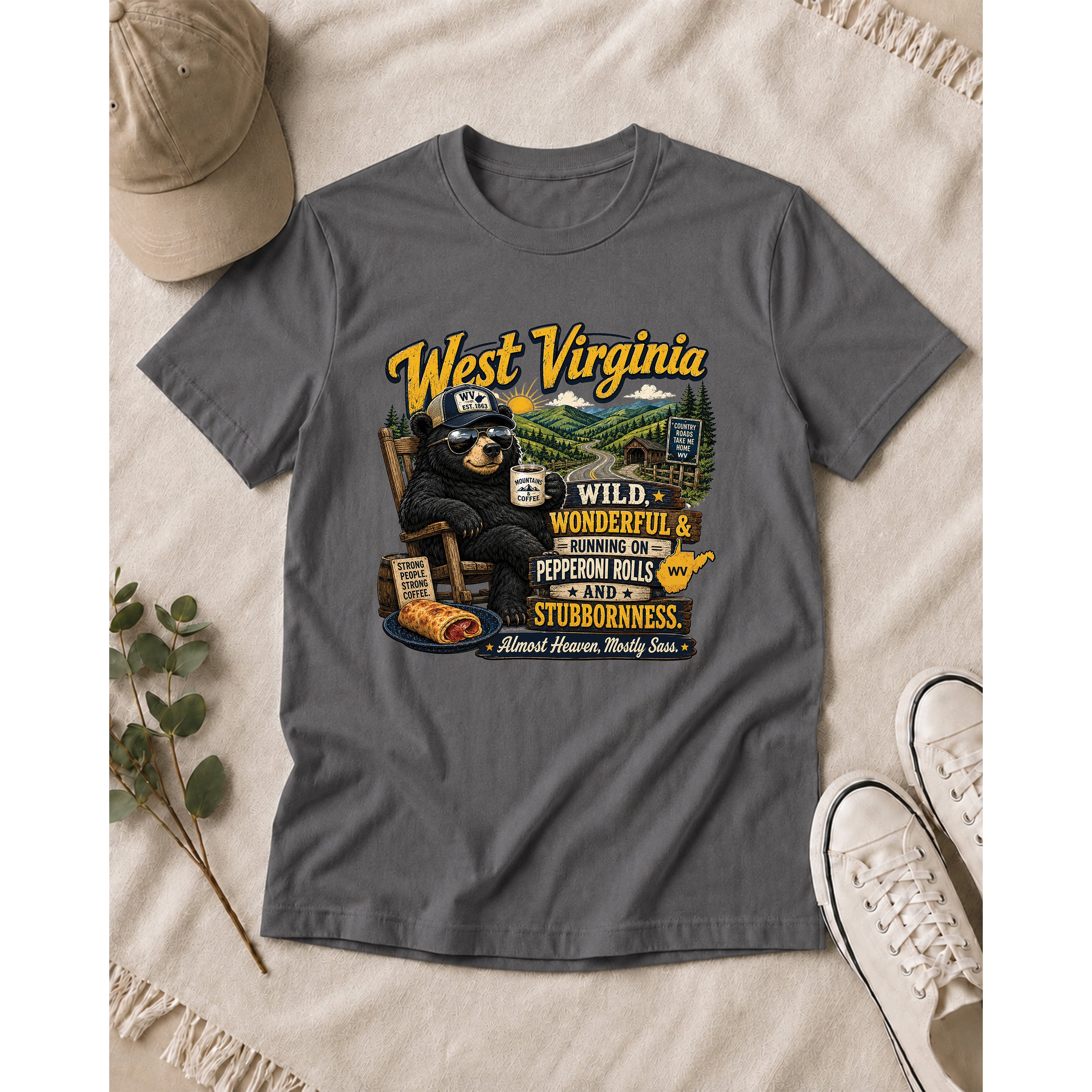 West Virginia Bear T-Shirt, Wild Wonderful Pepperoni Rolls Shirt, Funny WV Mountain Tee 1002