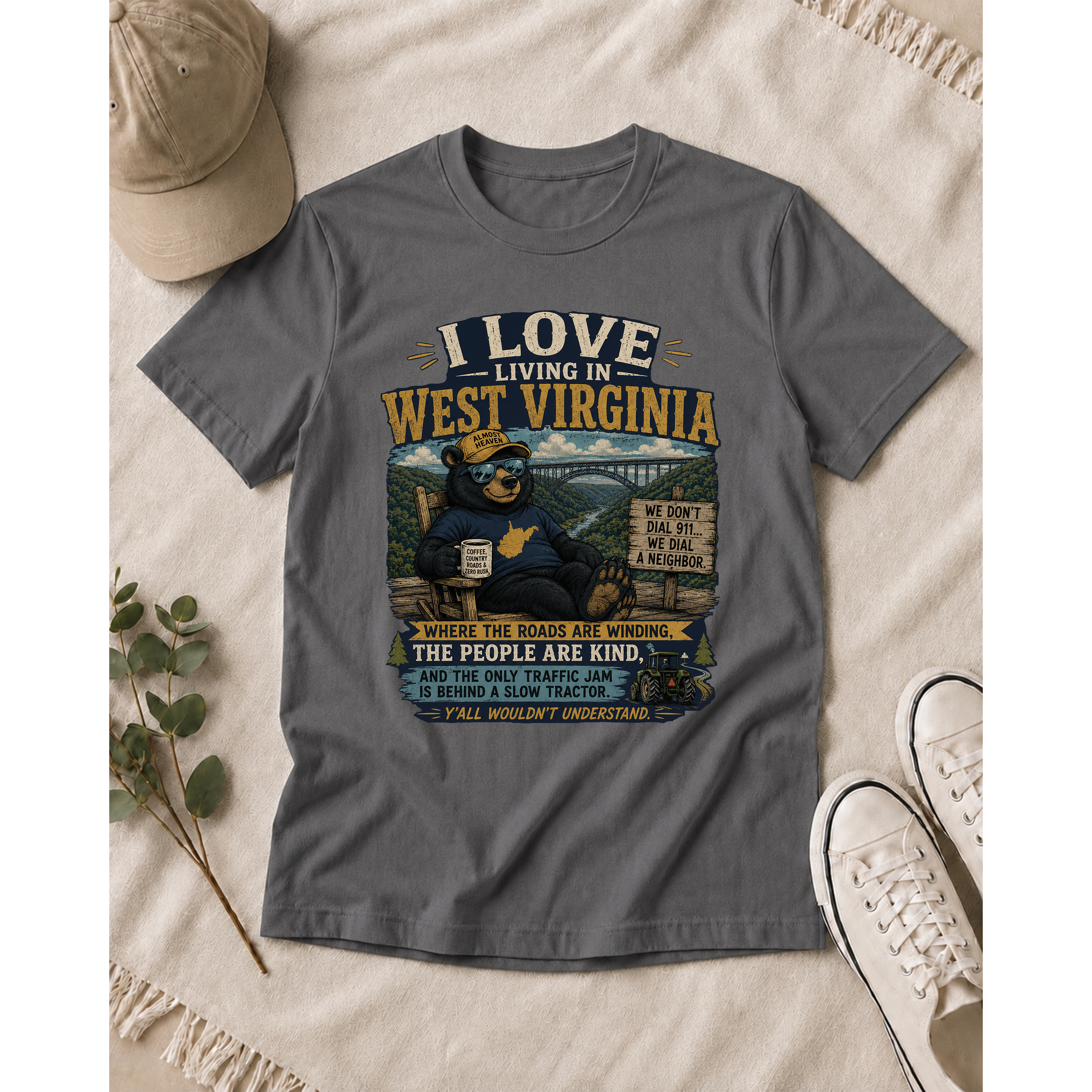 Funny West Virginia T-Shirt | I Love Living in WV Bear Shirt 1001