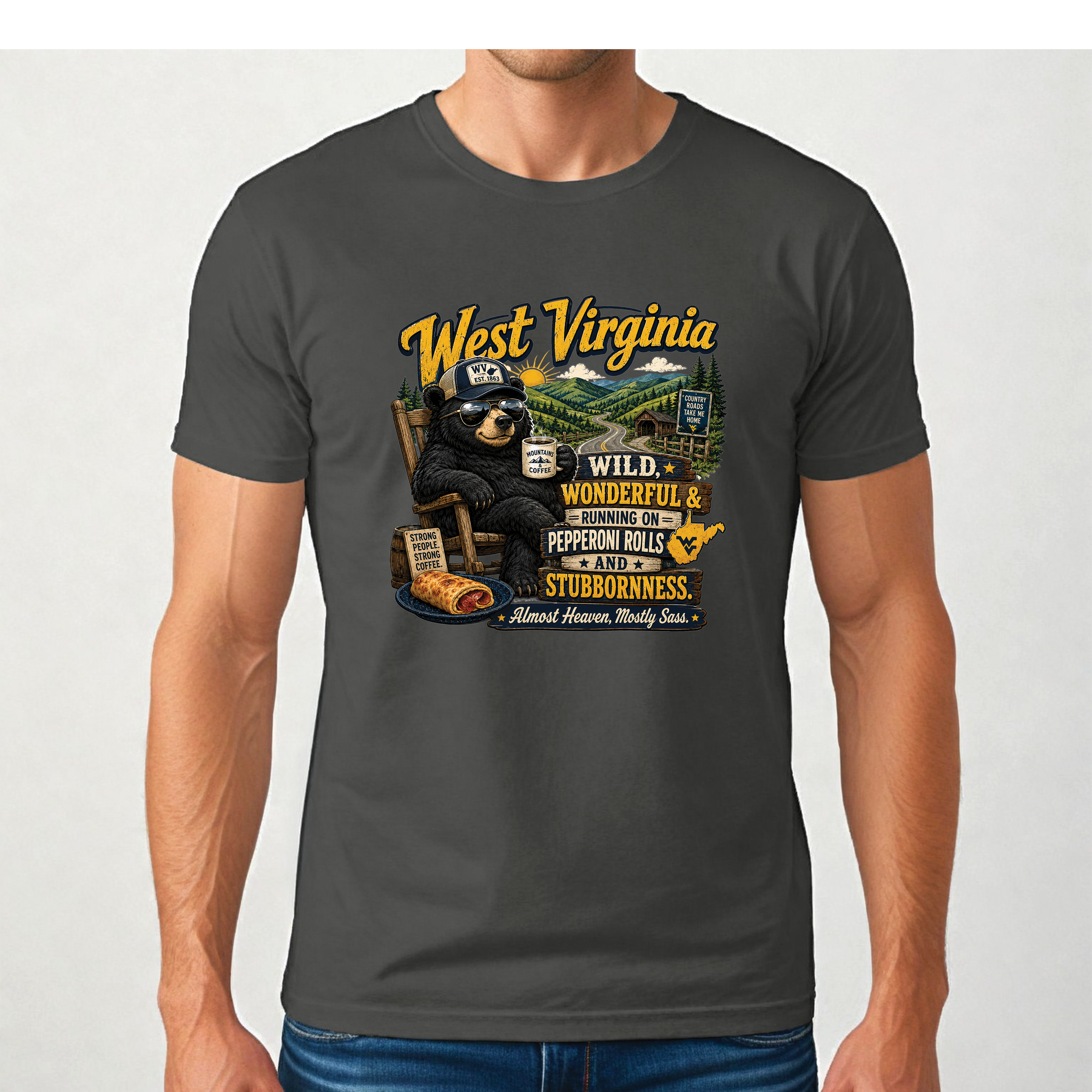 West Virginia Bear T-Shirt, Wild Wonderful Pepperoni Rolls Shirt, Funny WV Mountain Tee