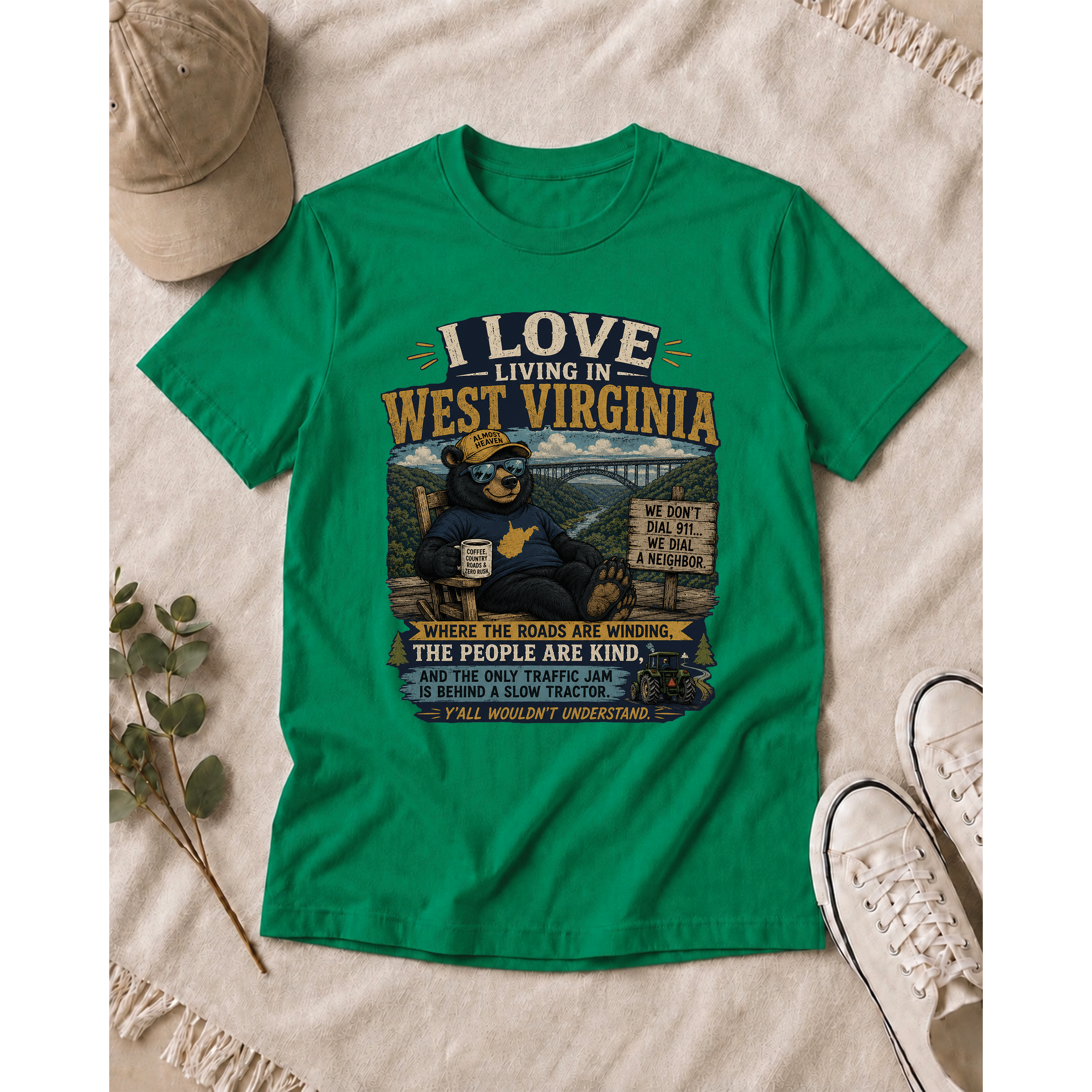 Funny West Virginia T-Shirt | I Love Living in WV Bear Shirt 1001