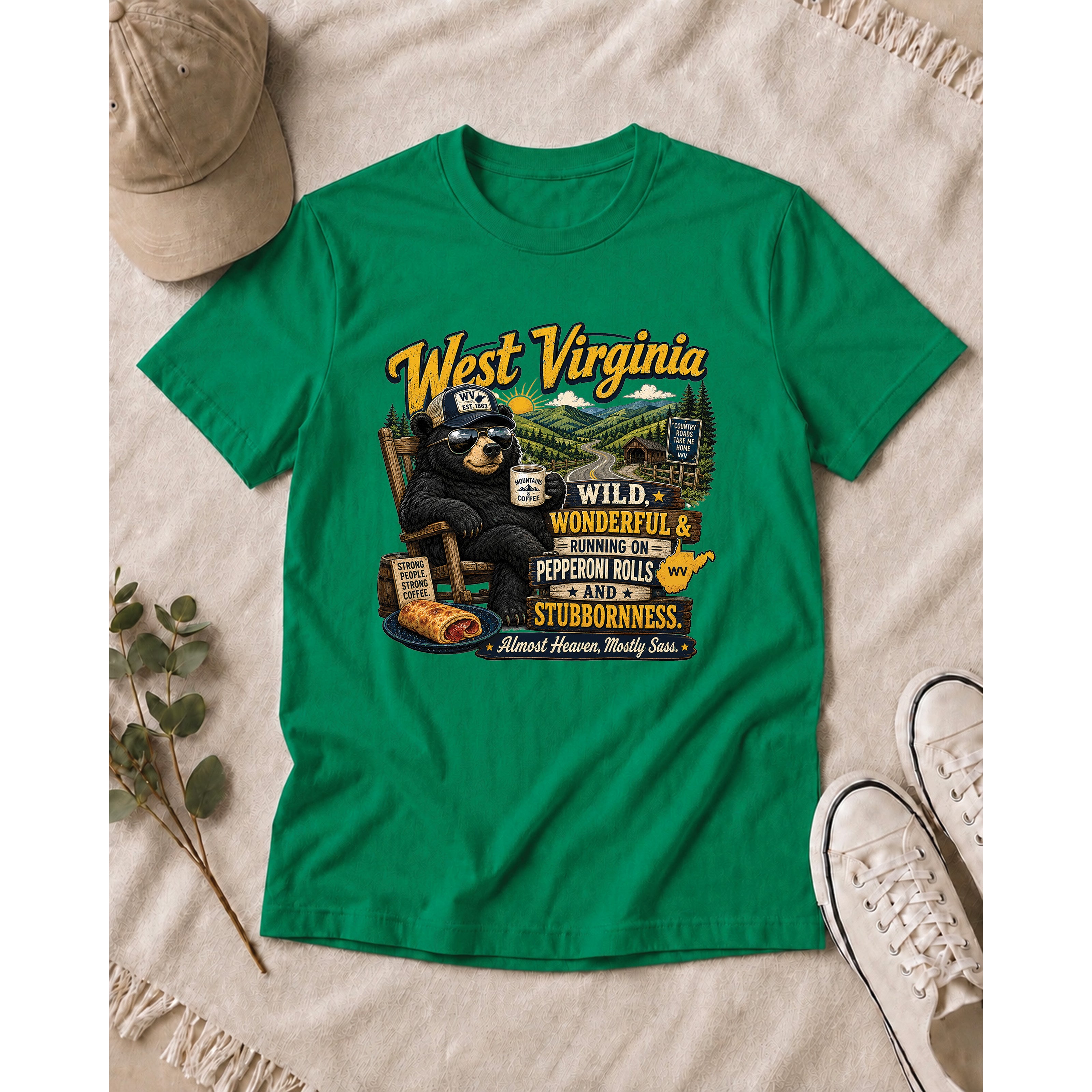 West Virginia Bear T-Shirt, Wild Wonderful Pepperoni Rolls Shirt, Funny WV Mountain Tee 1002