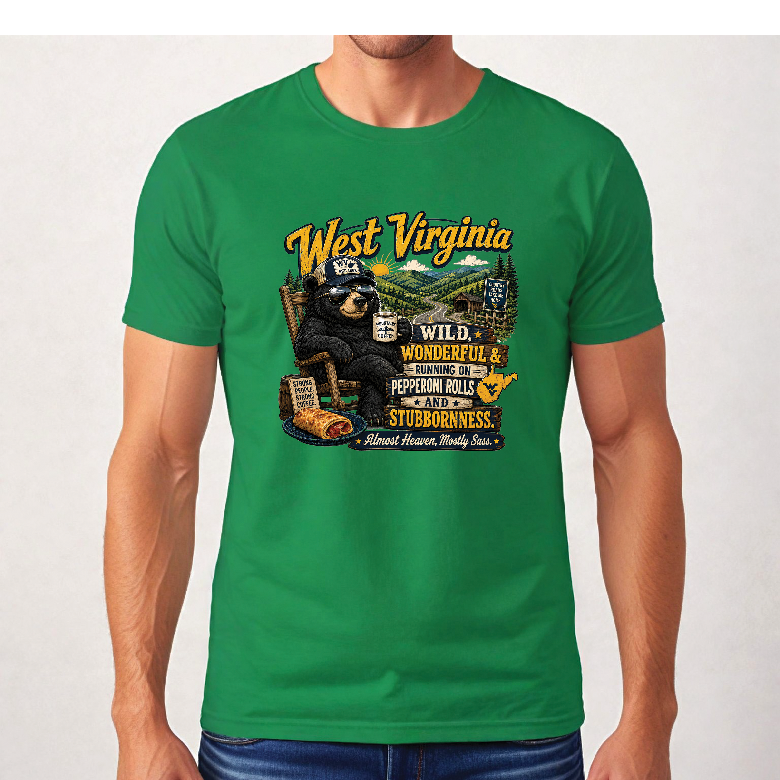 West Virginia Bear T-Shirt, Wild Wonderful Pepperoni Rolls Shirt, Funny WV Mountain Tee