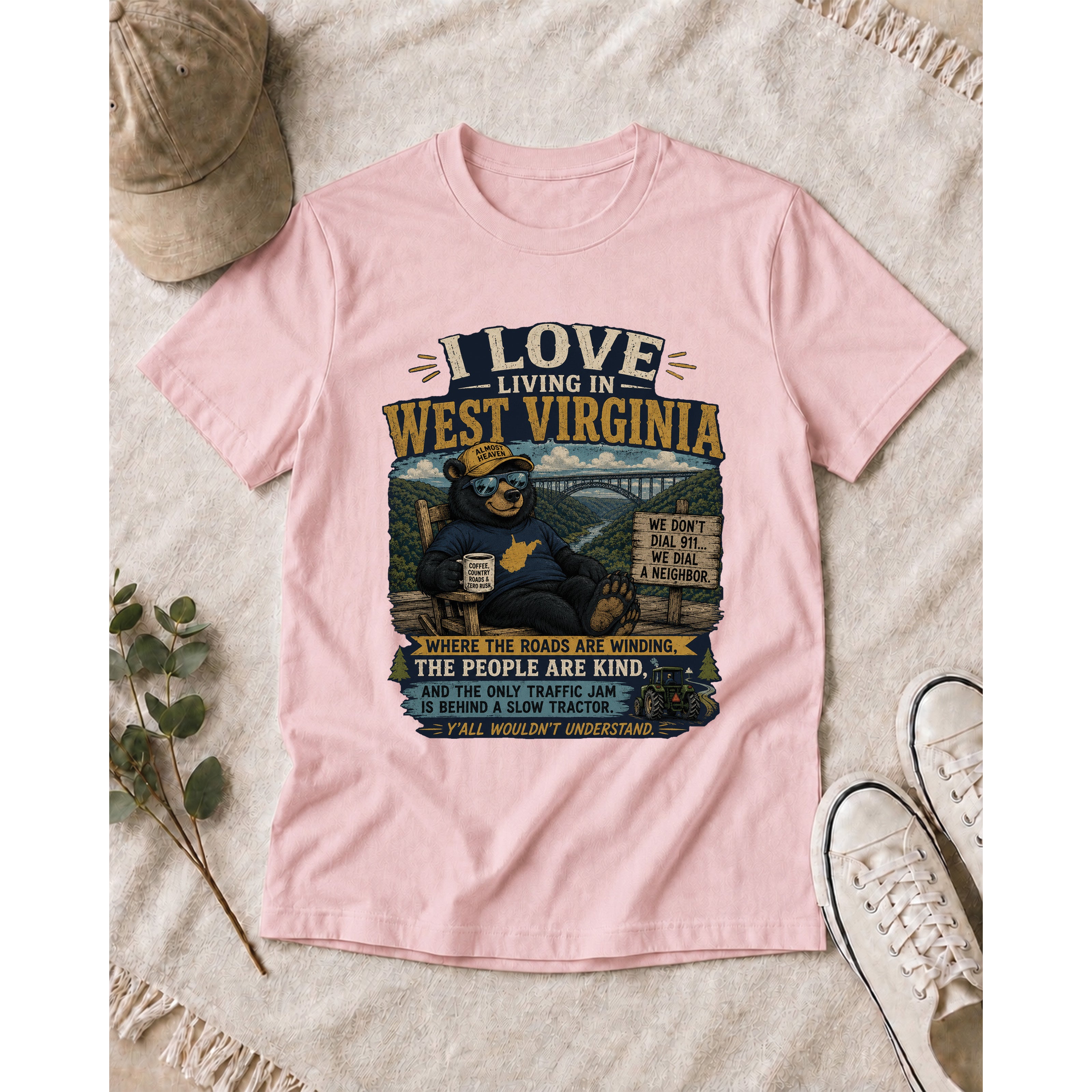 Funny West Virginia T-Shirt | I Love Living in WV Bear Shirt 1001