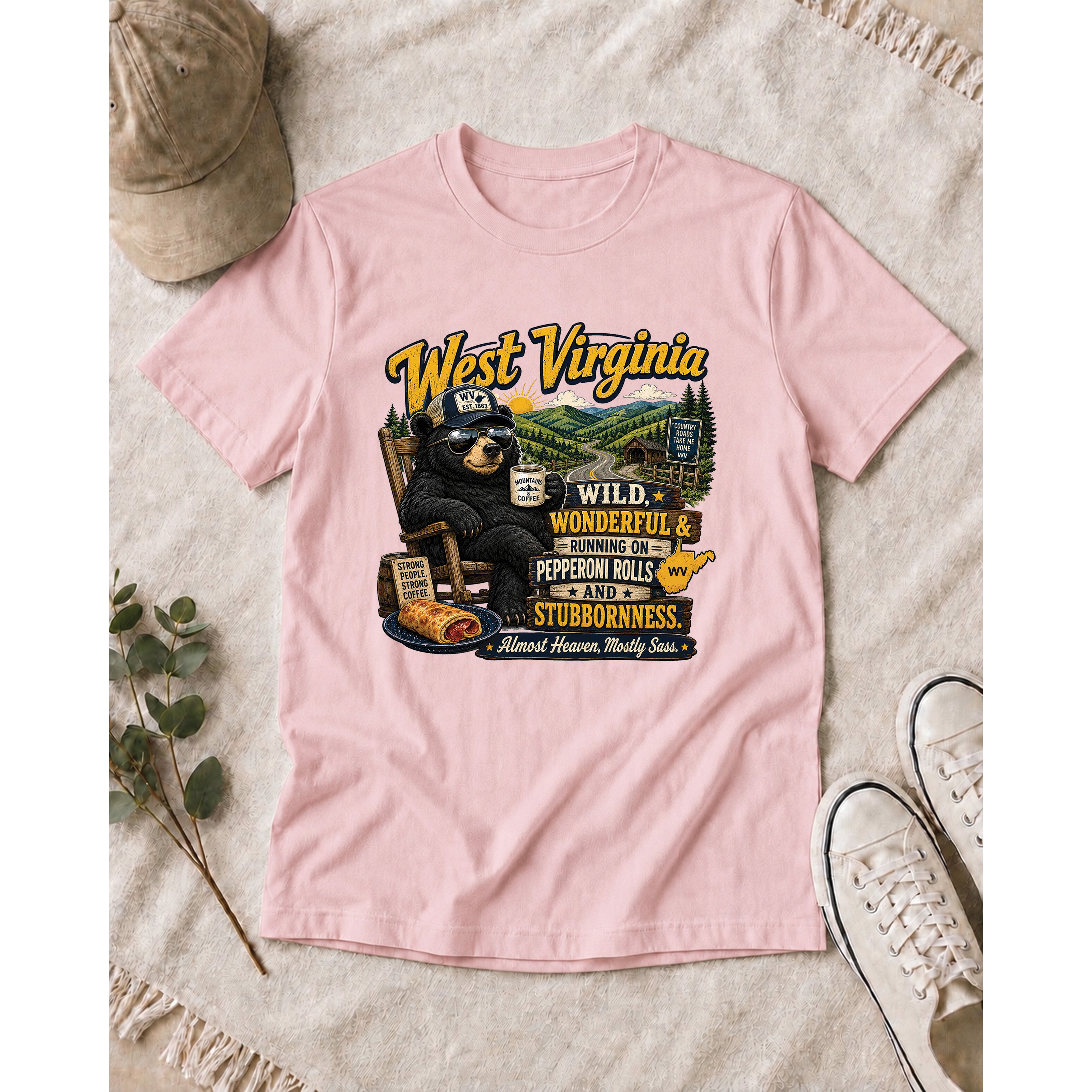 West Virginia Bear T-Shirt, Wild Wonderful Pepperoni Rolls Shirt, Funny WV Mountain Tee 1002