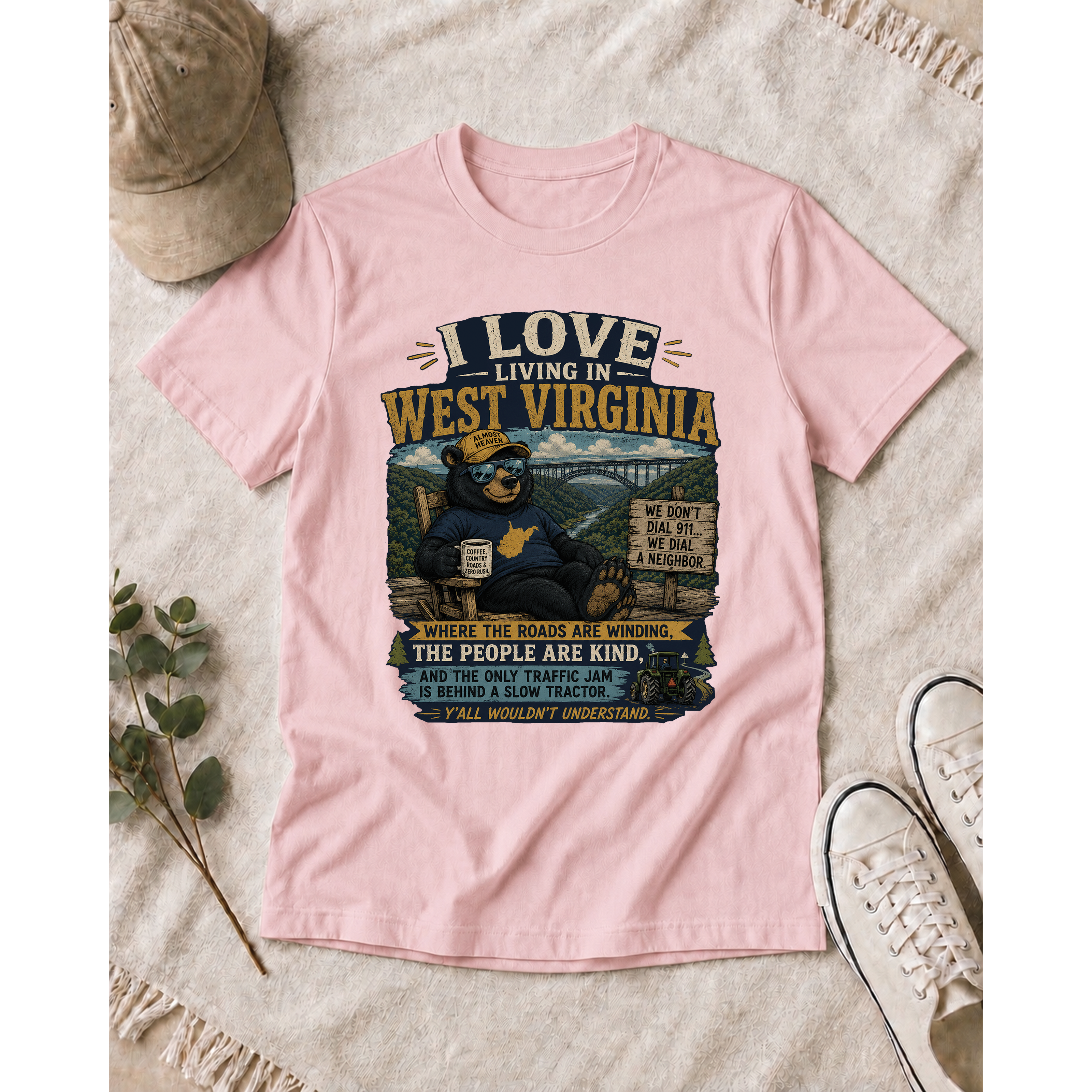Funny West Virginia T-Shirt | I Love Living in WV Bear Shirt 1001