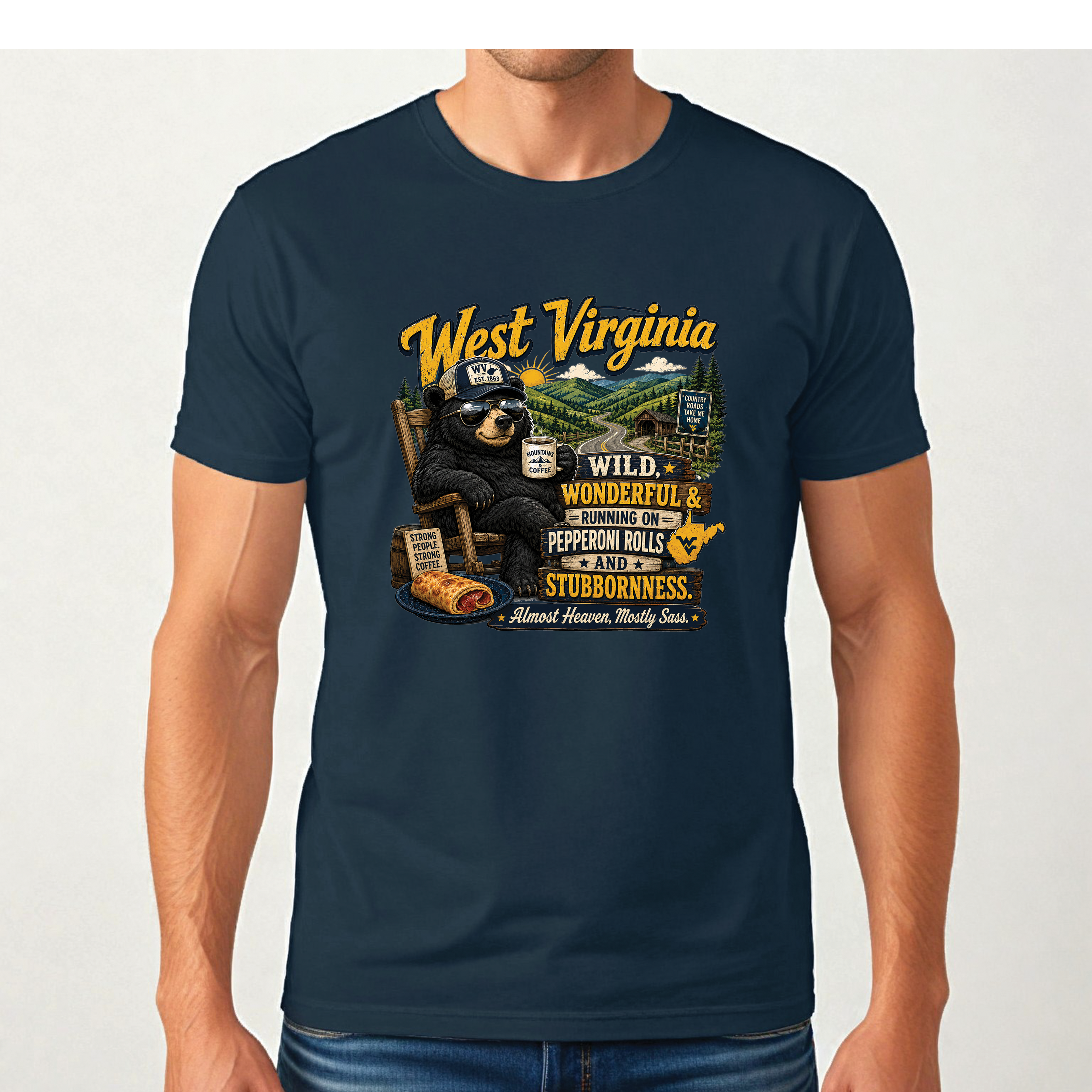 West Virginia Bear T-Shirt, Wild Wonderful Pepperoni Rolls Shirt, Funny WV Mountain Tee