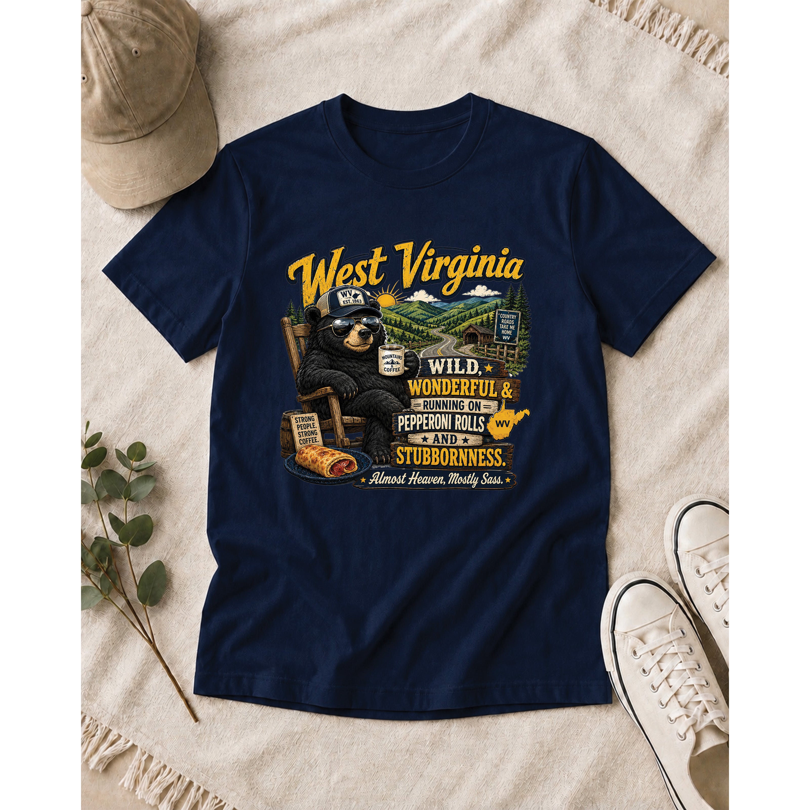 West Virginia Bear T-Shirt, Wild Wonderful Pepperoni Rolls Shirt, Funny WV Mountain Tee 1002