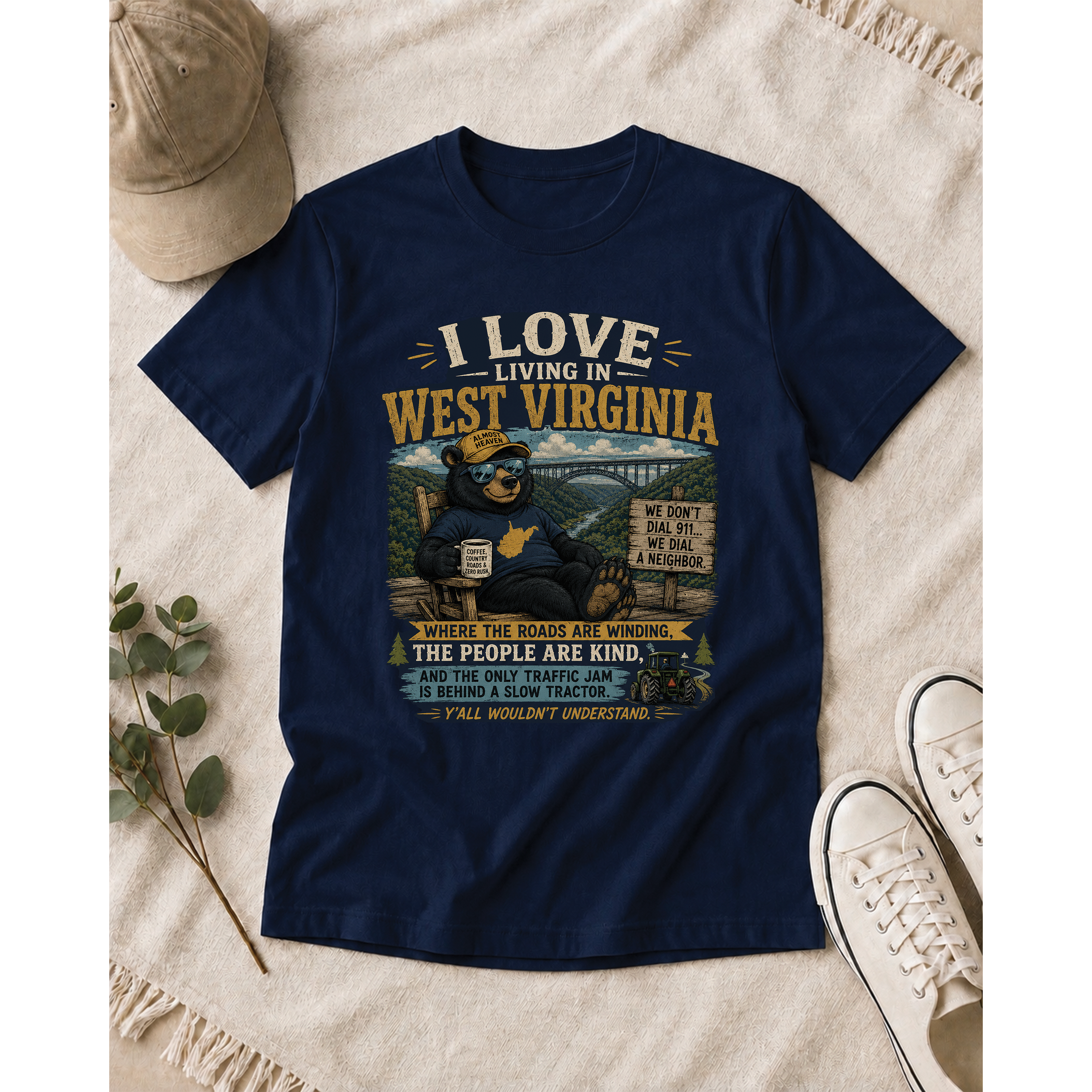 Funny West Virginia T-Shirt | I Love Living in WV Bear Shirt 1001