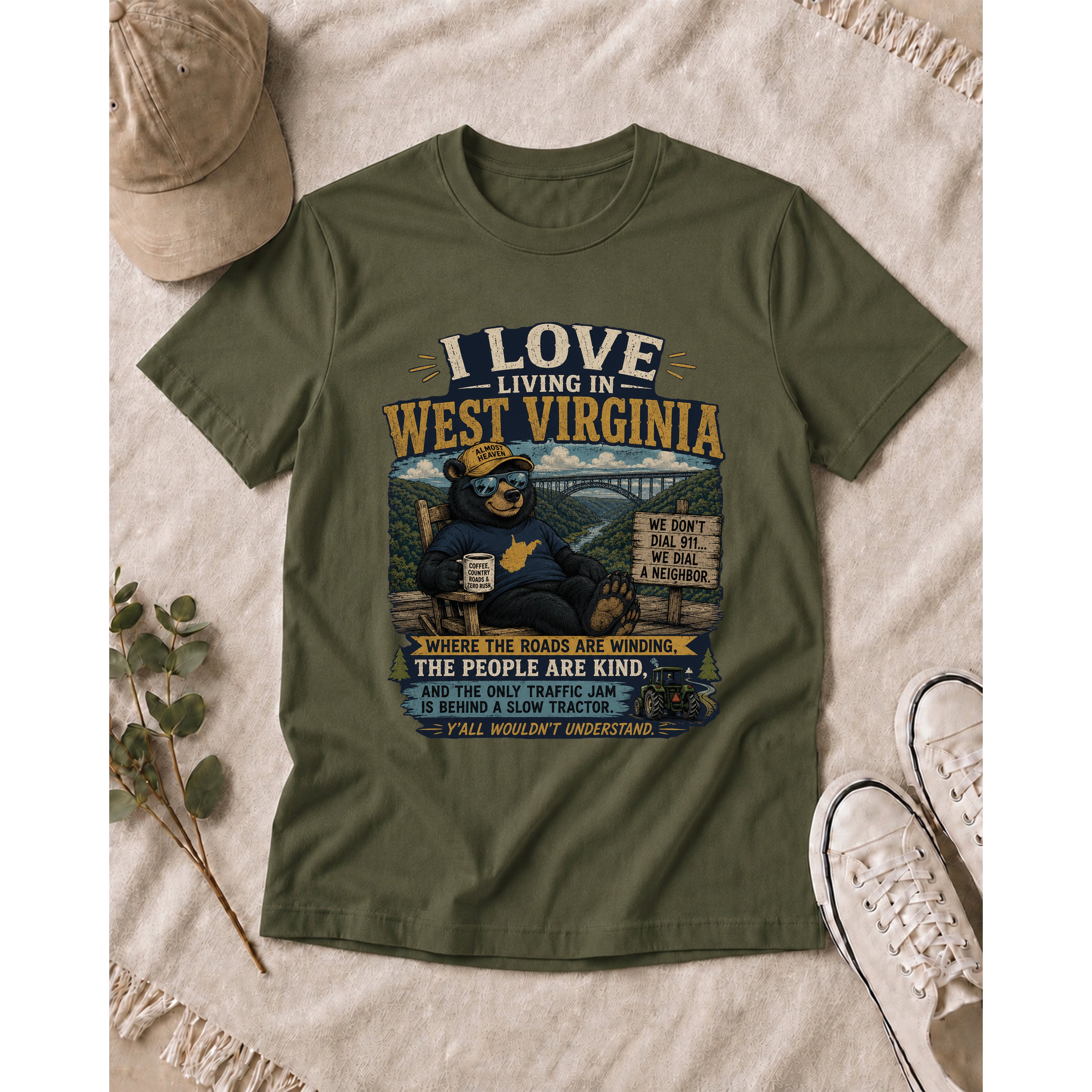 Funny West Virginia T-Shirt | I Love Living in WV Bear Shirt 1001