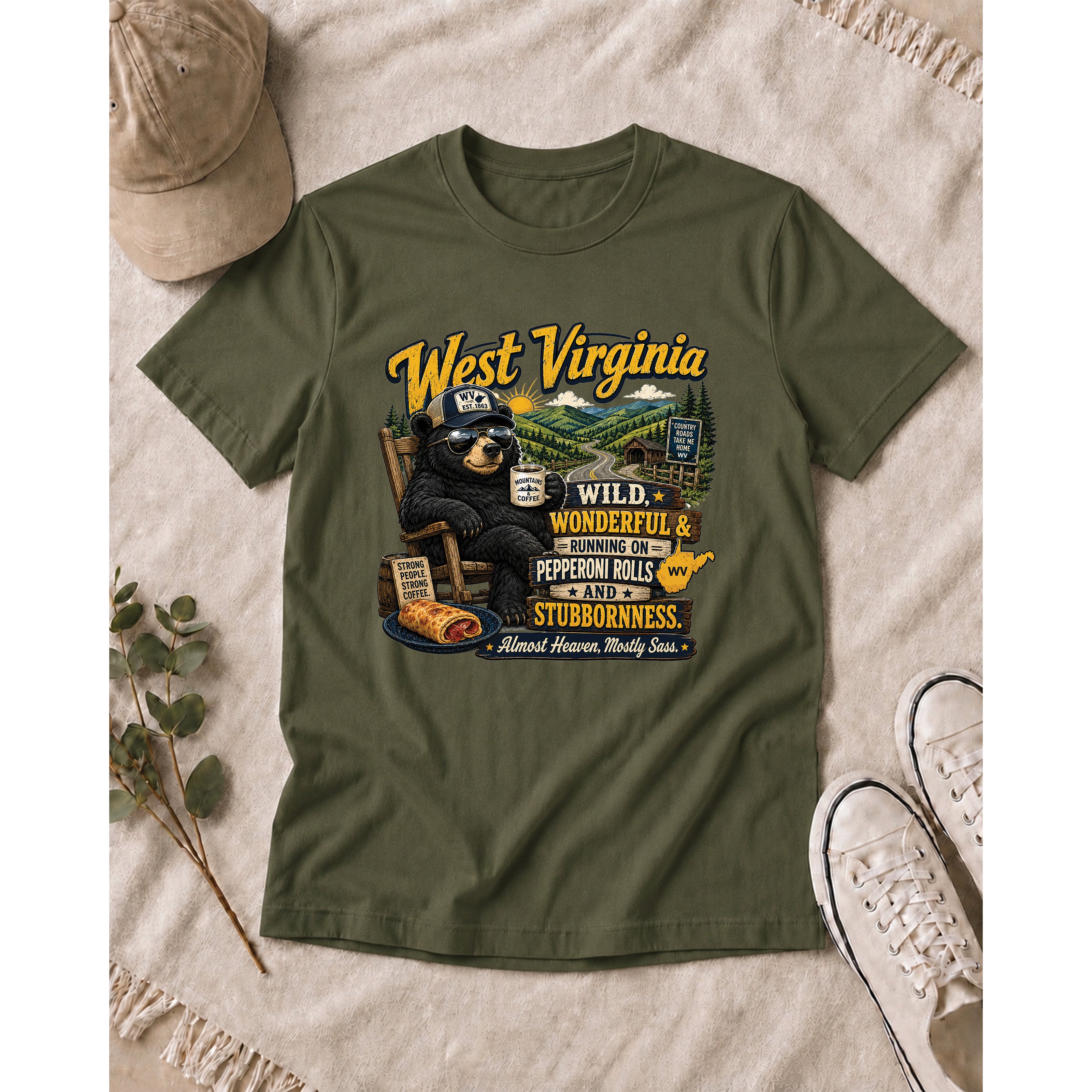 West Virginia Bear T-Shirt, Wild Wonderful Pepperoni Rolls Shirt, Funny WV Mountain Tee 1002