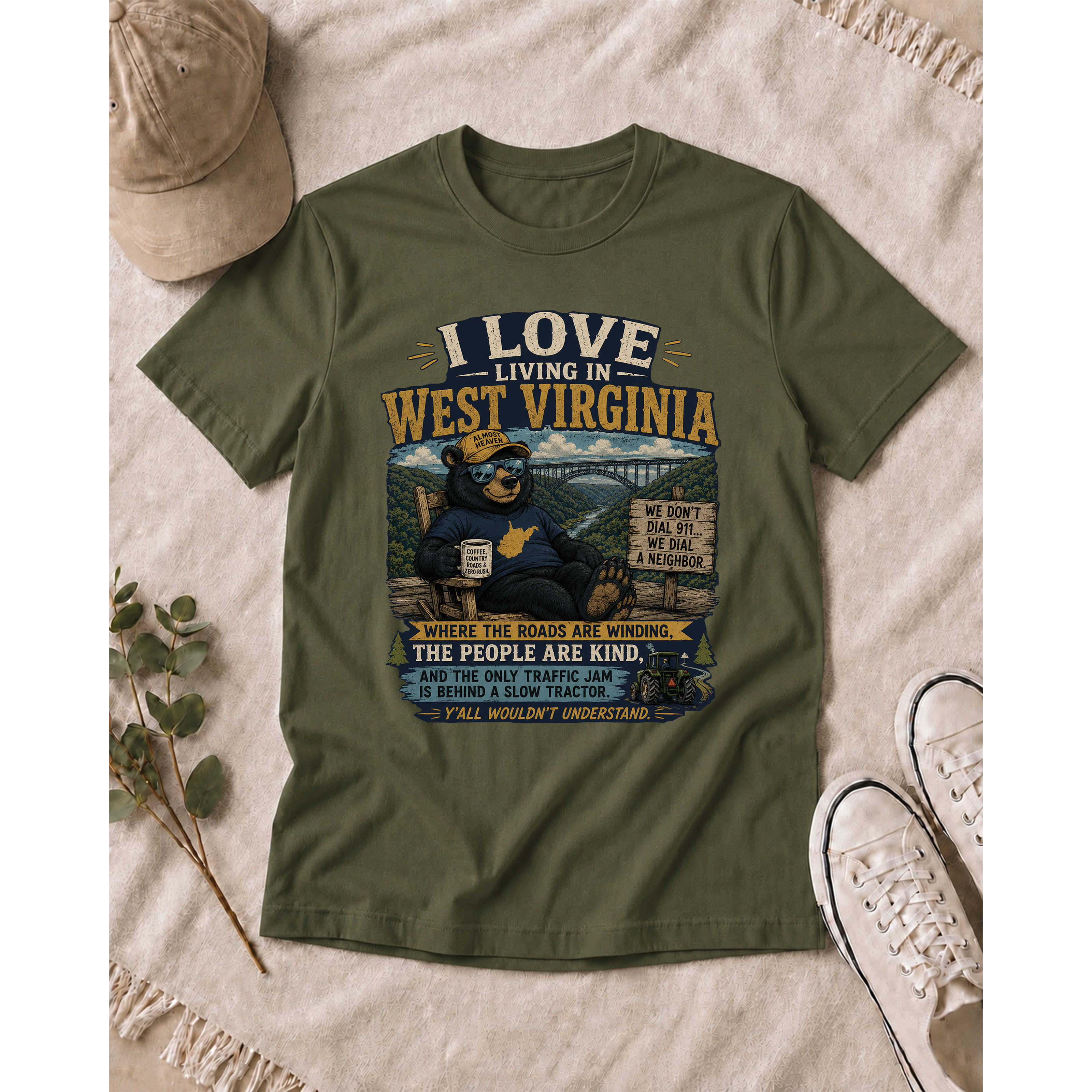 Funny West Virginia T-Shirt | I Love Living in WV Bear Shirt 1001