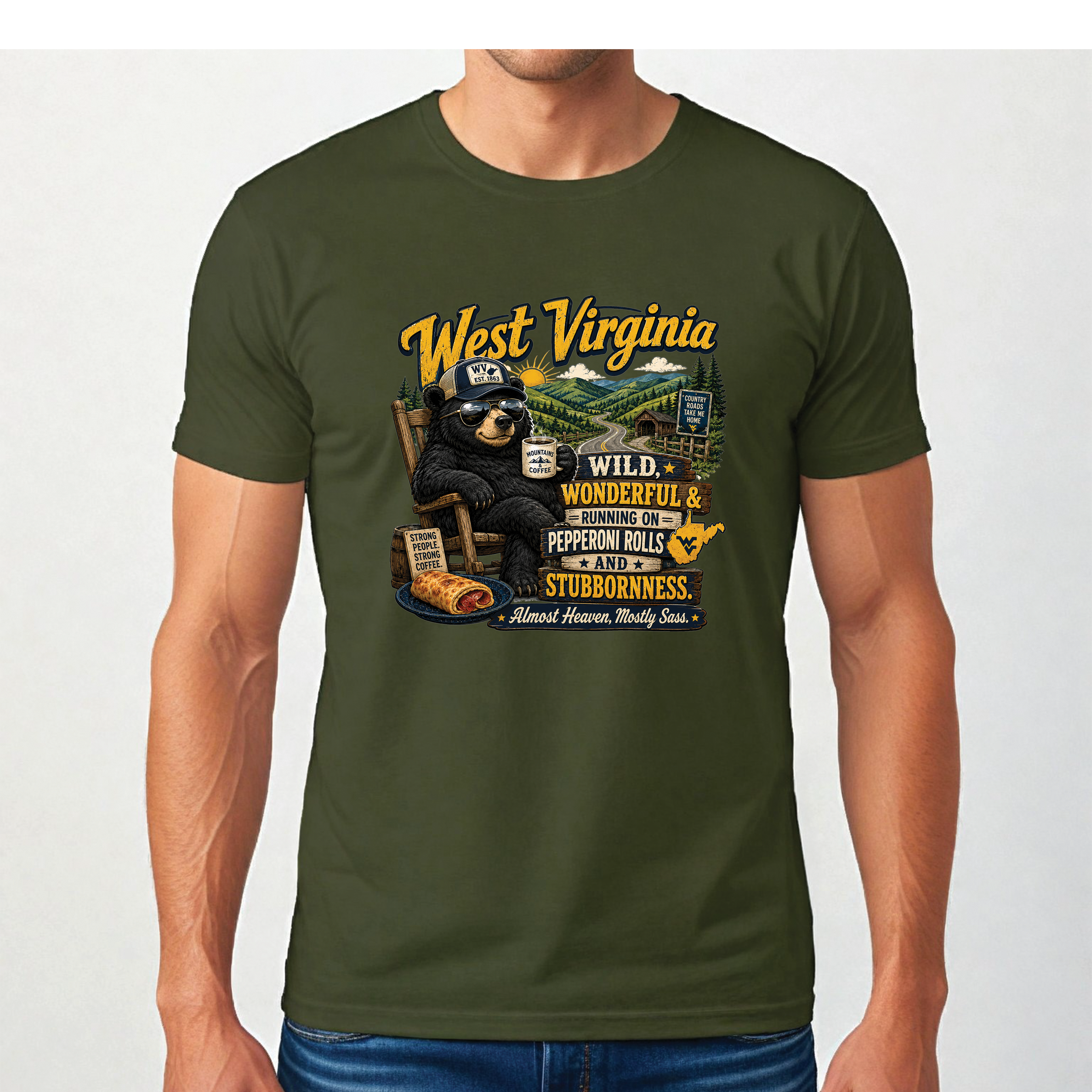 West Virginia Bear T-Shirt, Wild Wonderful Pepperoni Rolls Shirt, Funny WV Mountain Tee