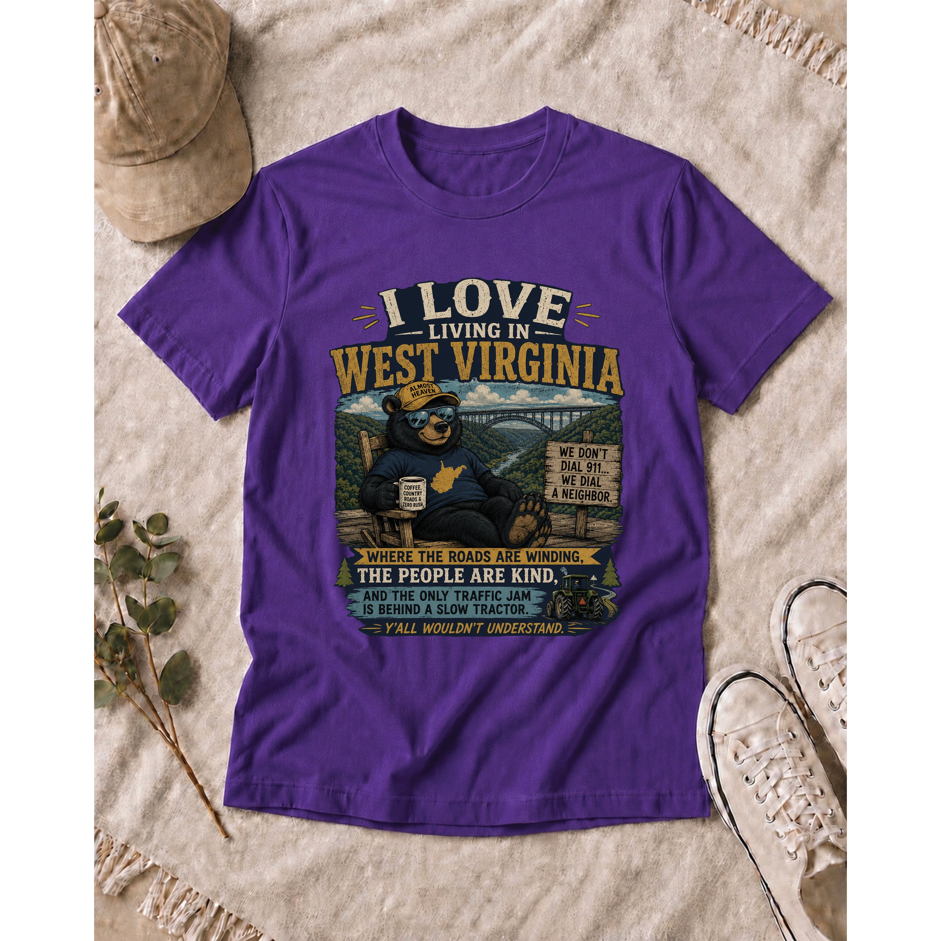 Funny West Virginia T-Shirt | I Love Living in WV Bear Shirt 1001