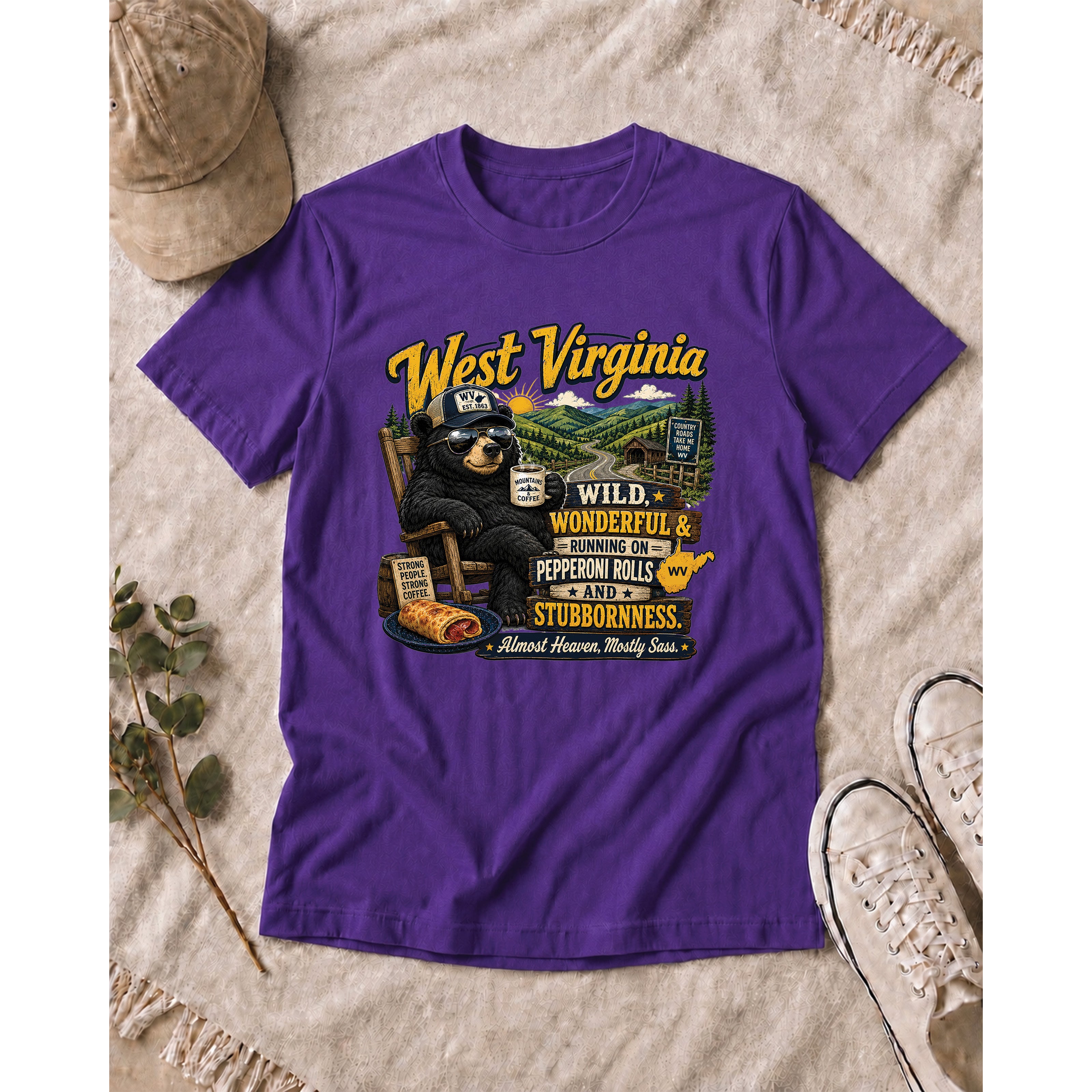 West Virginia Bear T-Shirt, Wild Wonderful Pepperoni Rolls Shirt, Funny WV Mountain Tee 1002