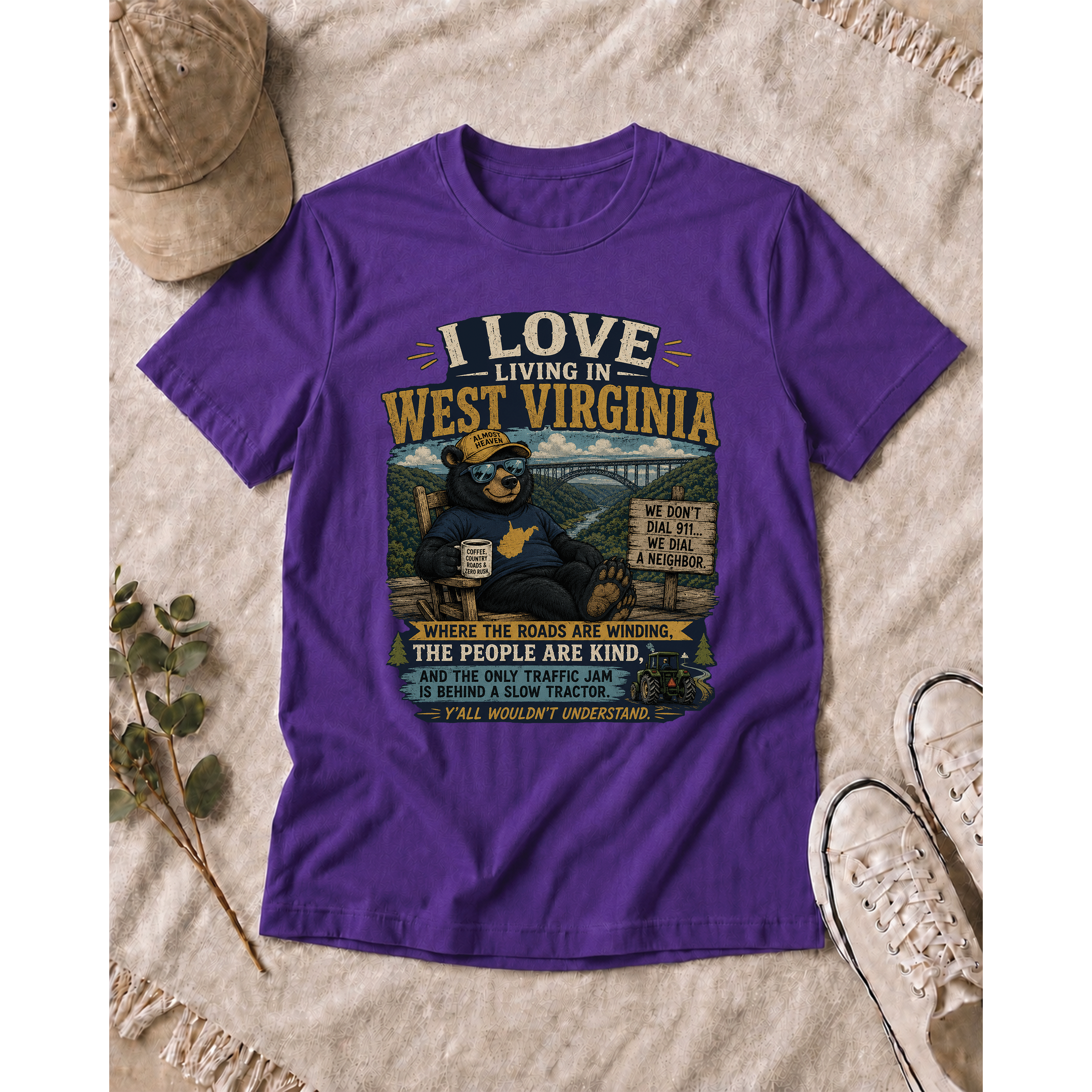 Funny West Virginia T-Shirt | I Love Living in WV Bear Shirt 1001