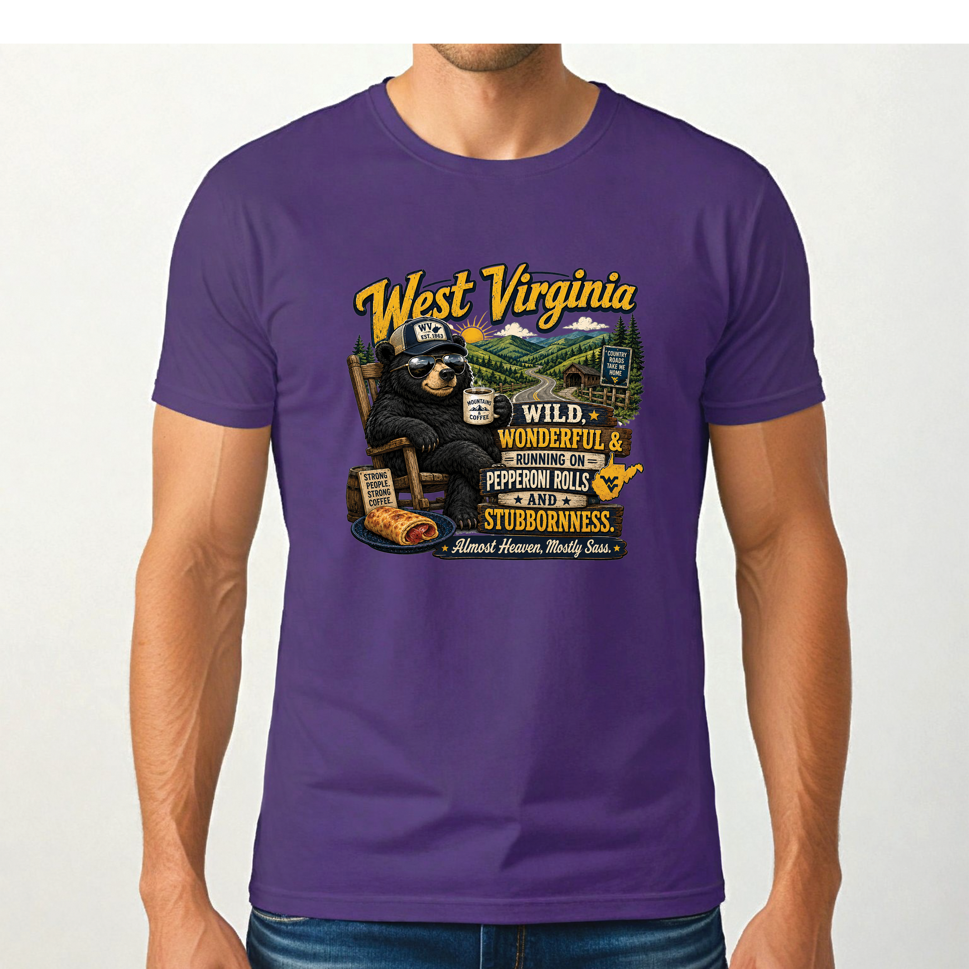 West Virginia Bear T-Shirt, Wild Wonderful Pepperoni Rolls Shirt, Funny WV Mountain Tee
