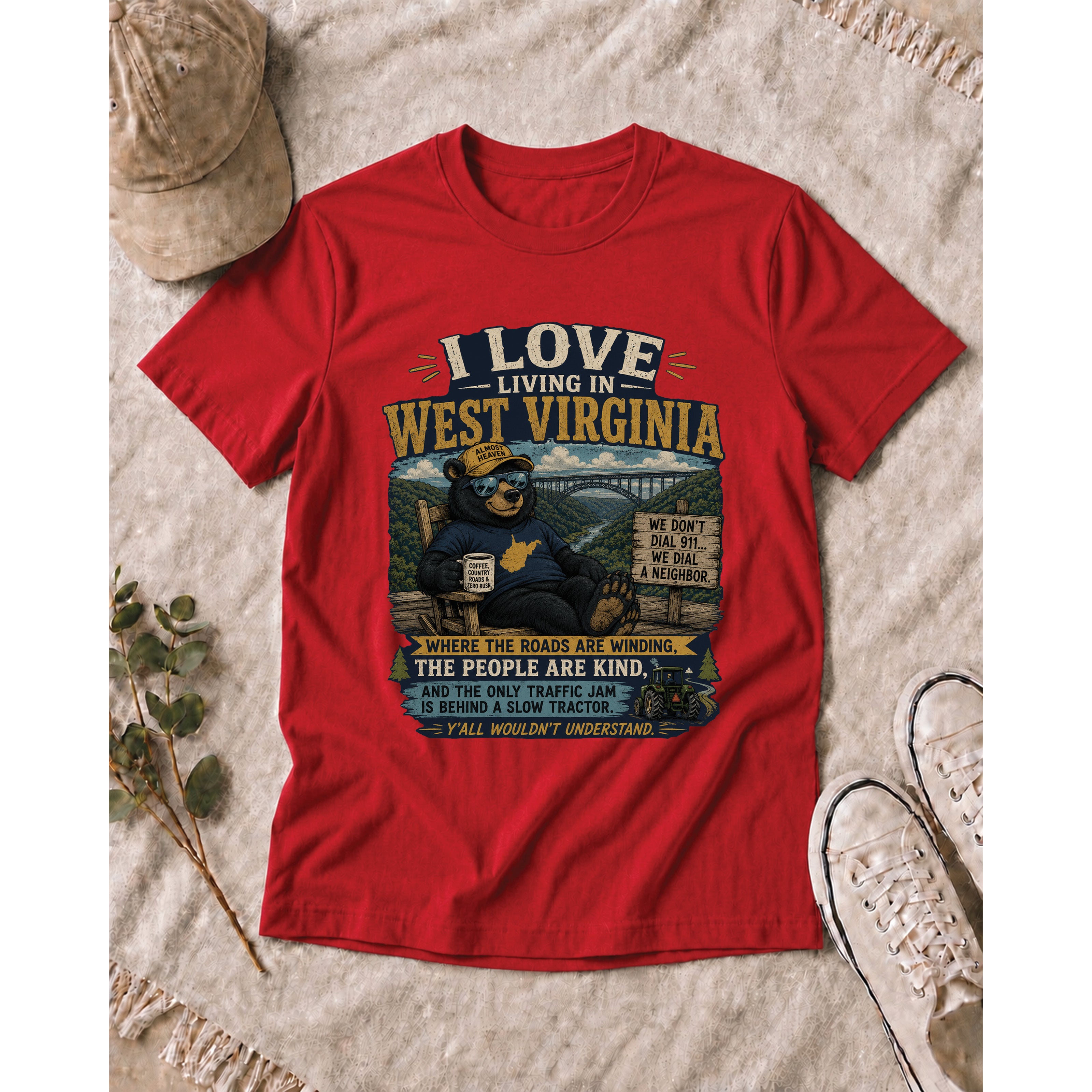 Funny West Virginia T-Shirt | I Love Living in WV Bear Shirt 1001