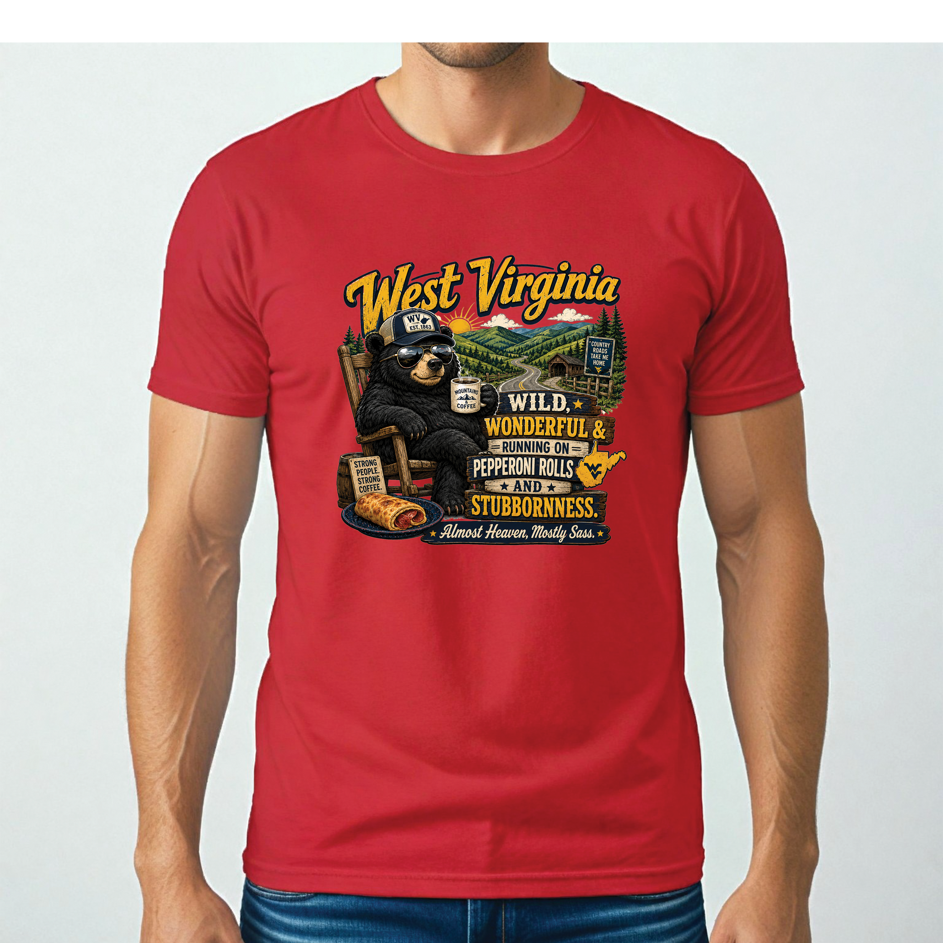 West Virginia Bear T-Shirt, Wild Wonderful Pepperoni Rolls Shirt, Funny WV Mountain Tee