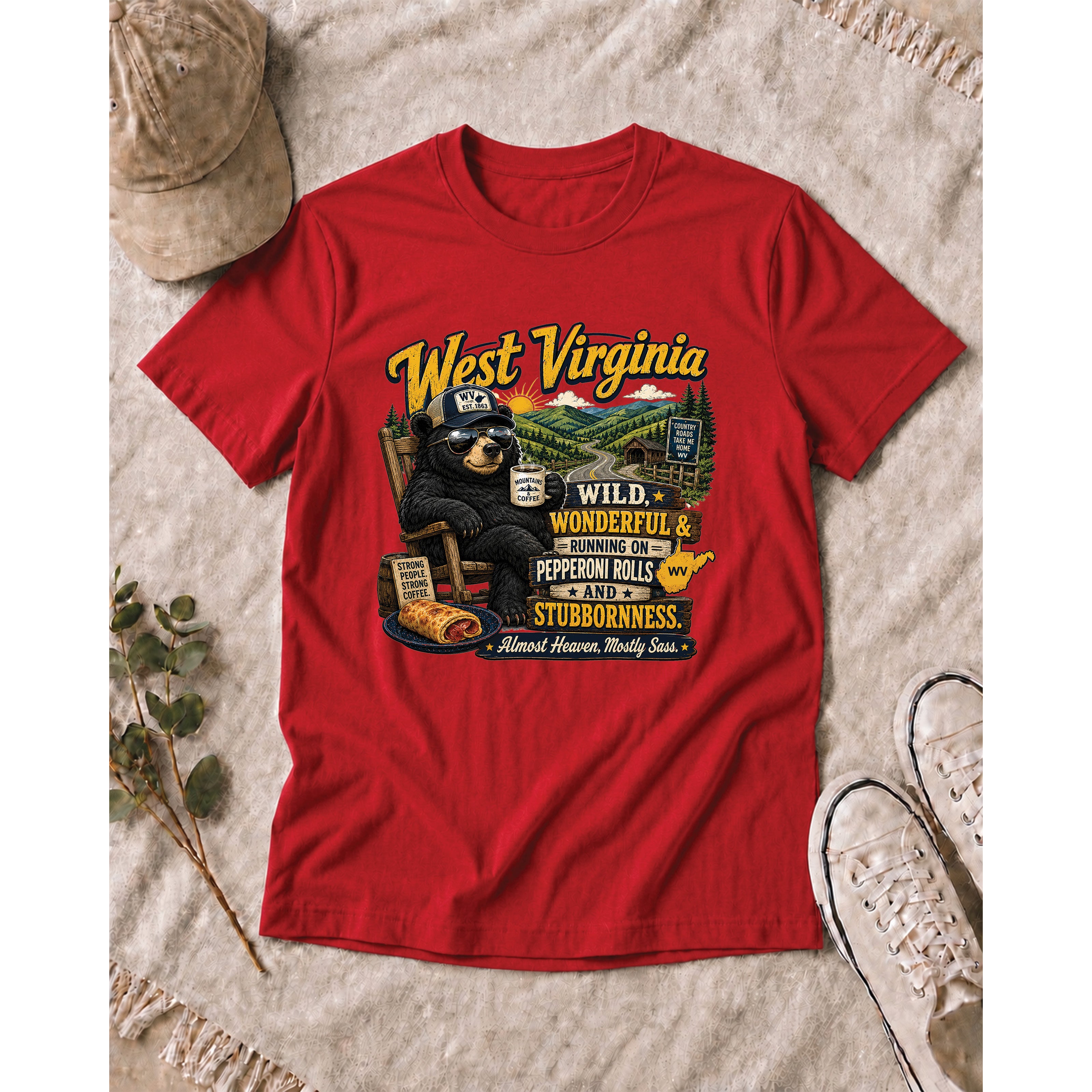West Virginia Bear T-Shirt, Wild Wonderful Pepperoni Rolls Shirt, Funny WV Mountain Tee 1002