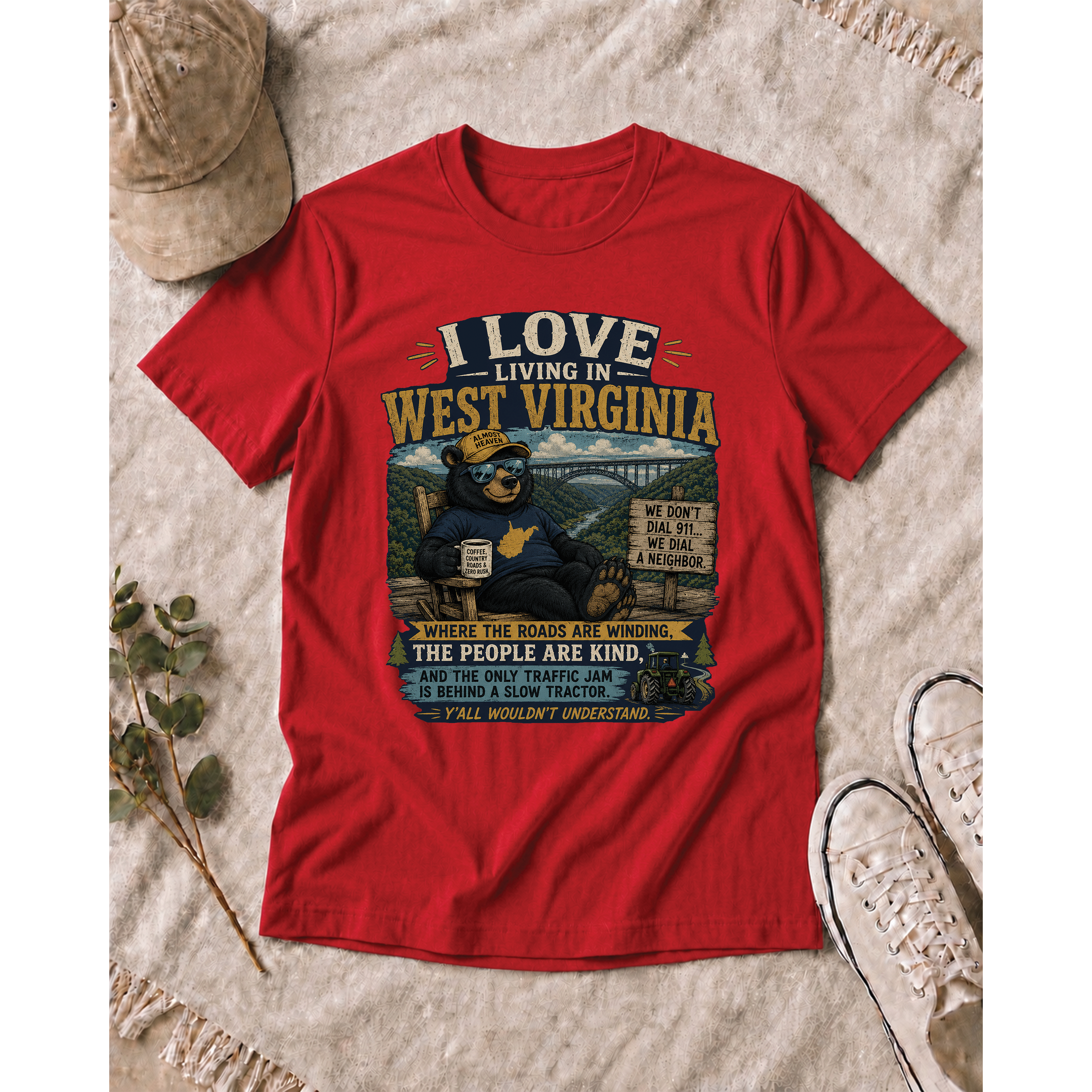 Funny West Virginia T-Shirt | I Love Living in WV Bear Shirt 1001