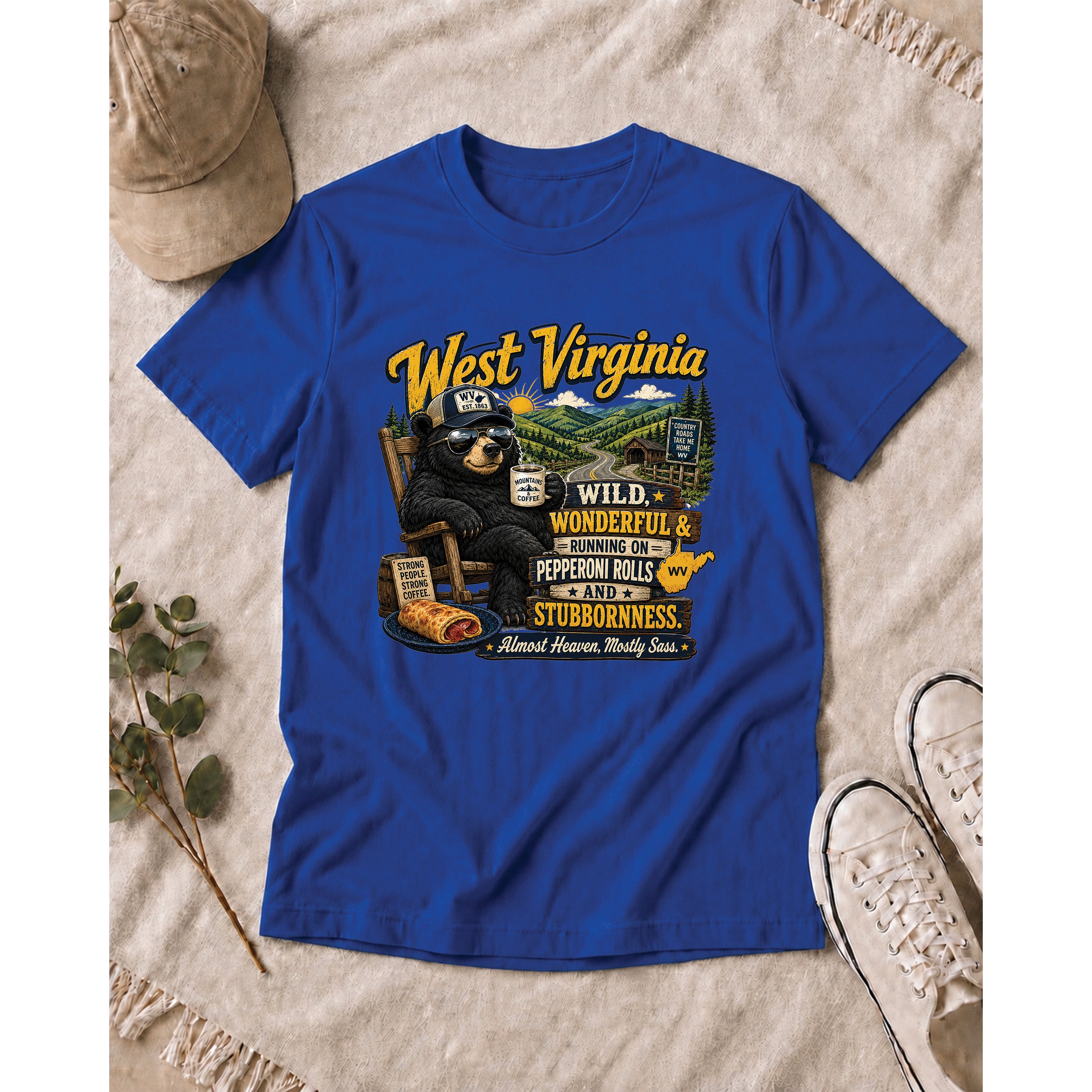 West Virginia Bear T-Shirt, Wild Wonderful Pepperoni Rolls Shirt, Funny WV Mountain Tee 1002