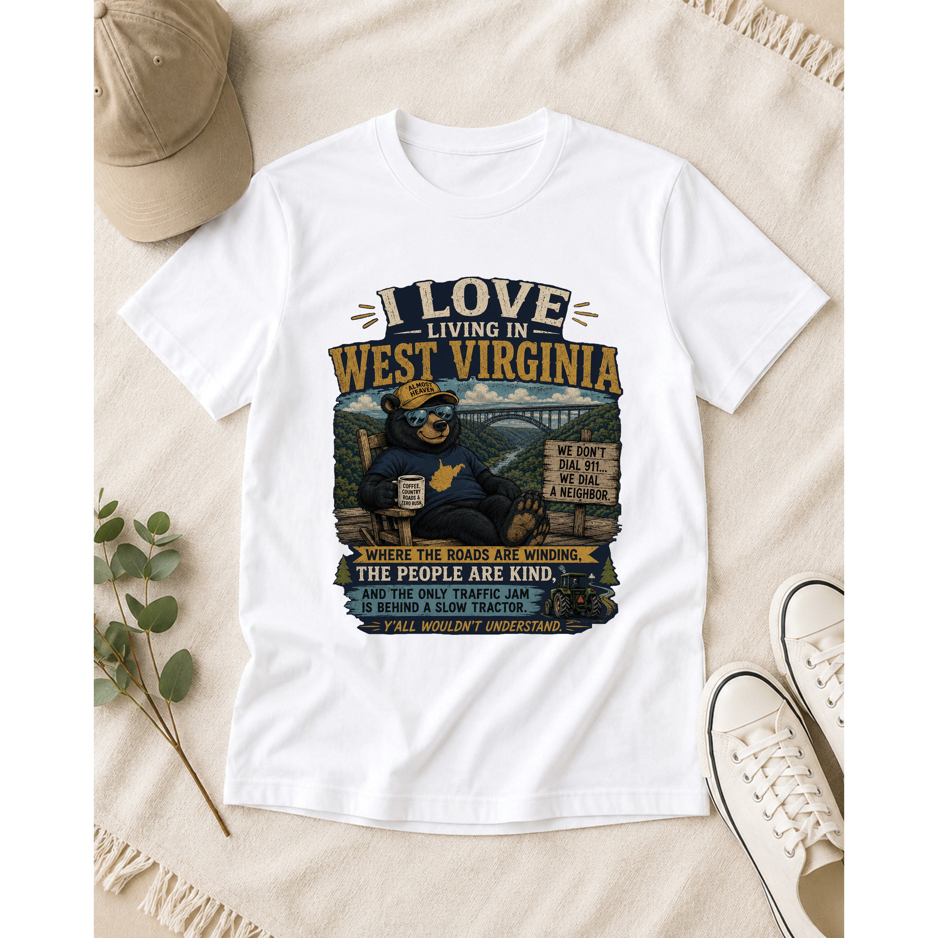 Funny West Virginia T-Shirt | I Love Living in WV Bear Shirt 1001