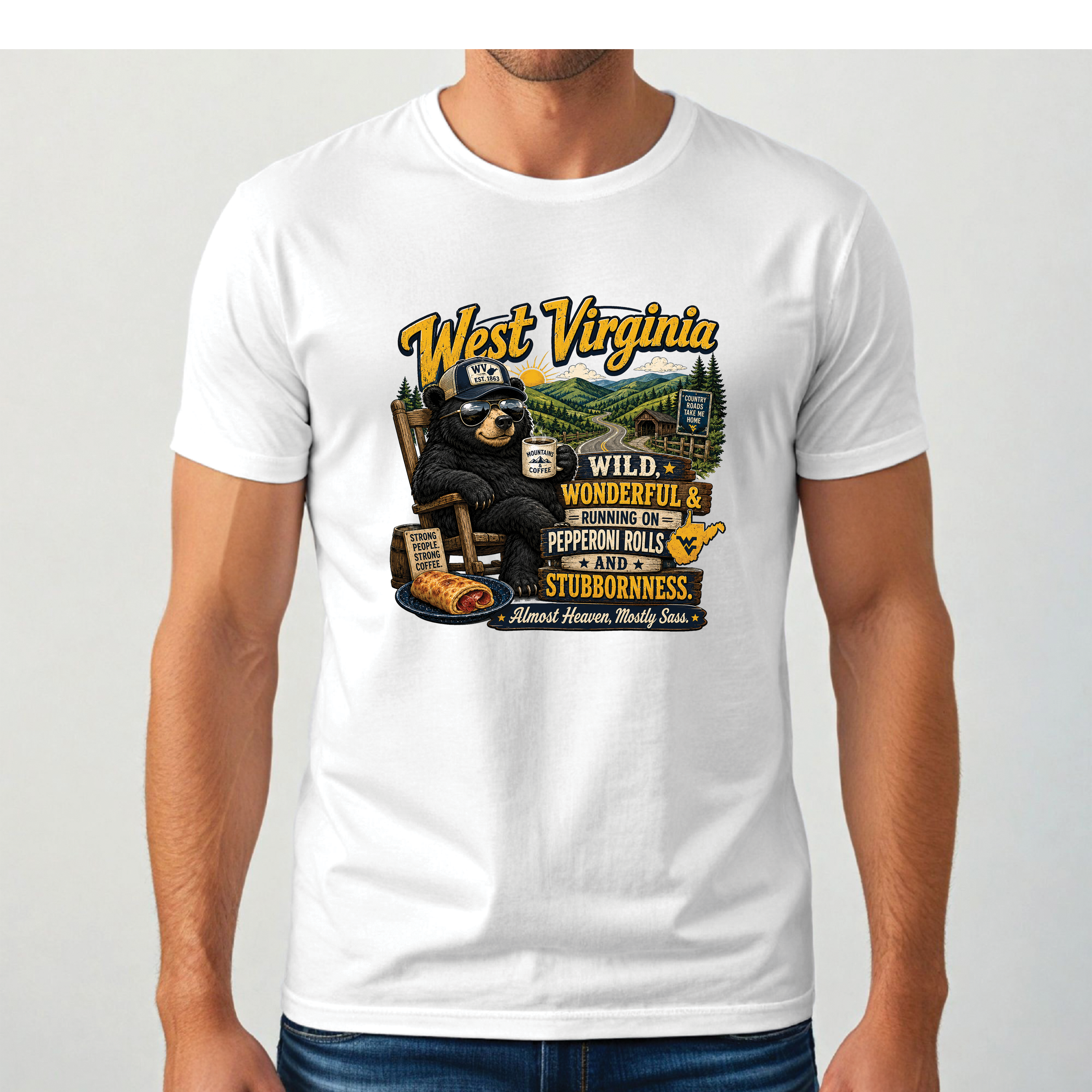West Virginia Bear T-Shirt, Wild Wonderful Pepperoni Rolls Shirt, Funny WV Mountain Tee