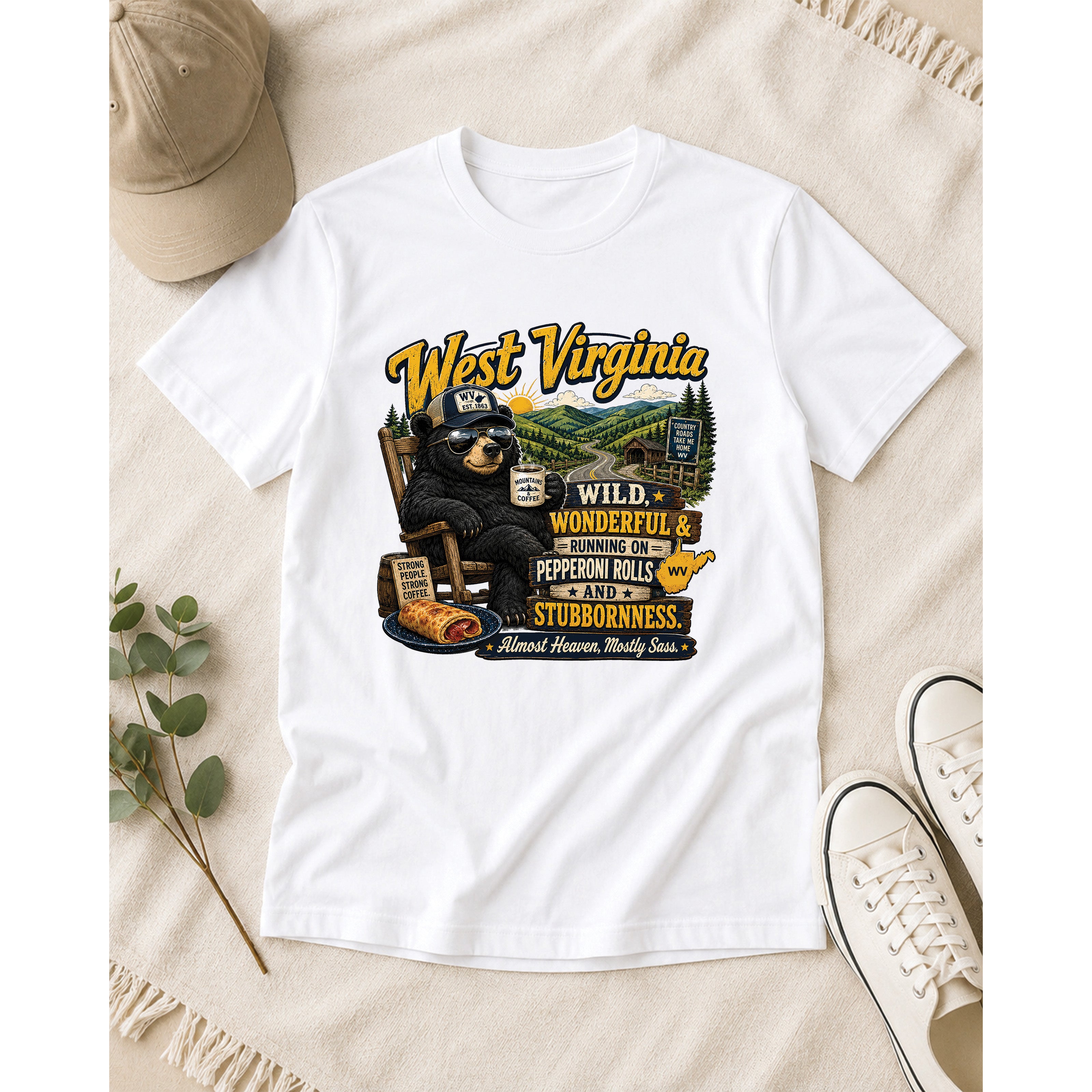 West Virginia Bear T-Shirt, Wild Wonderful Pepperoni Rolls Shirt, Funny WV Mountain Tee 1002