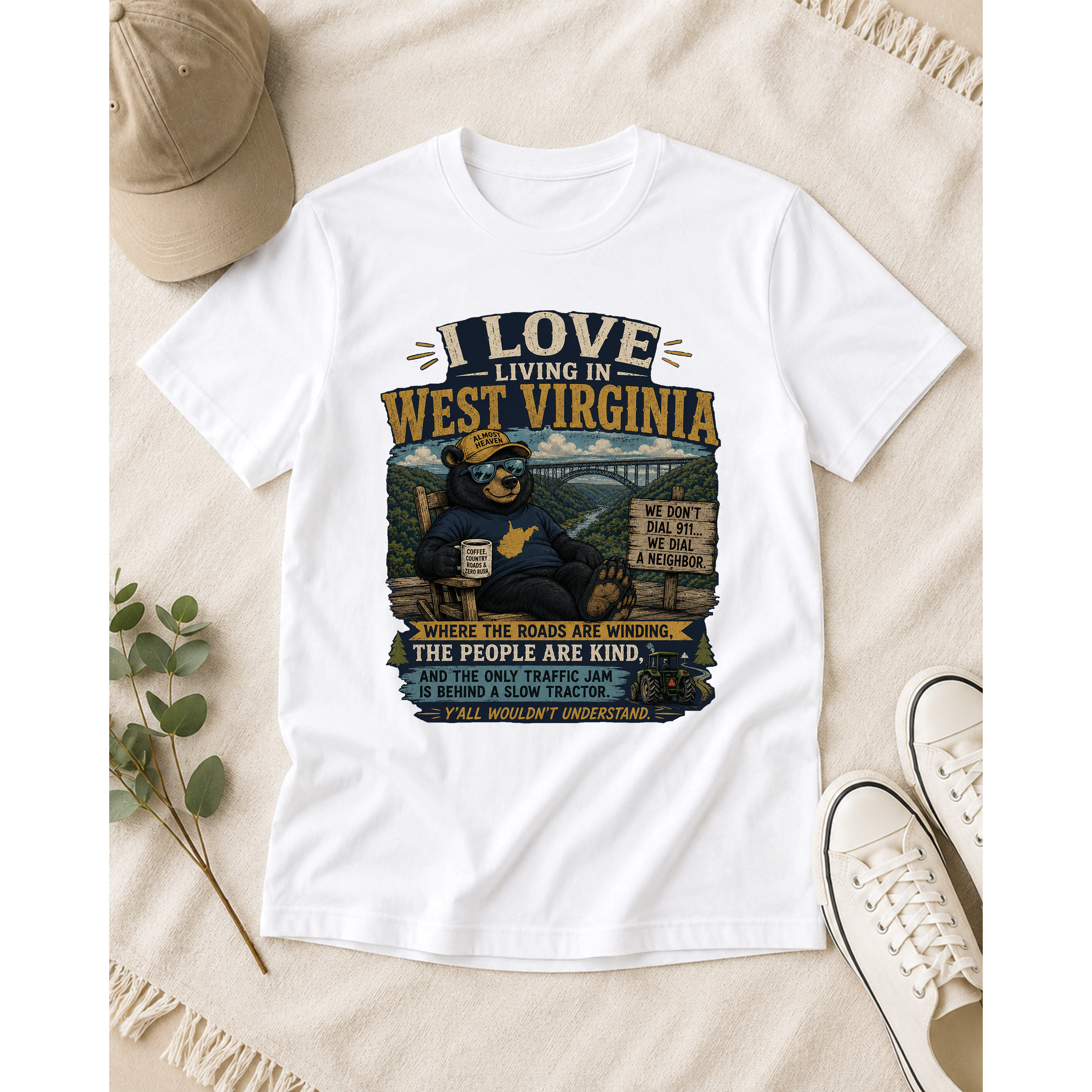 Funny West Virginia T-Shirt | I Love Living in WV Bear Shirt 1001